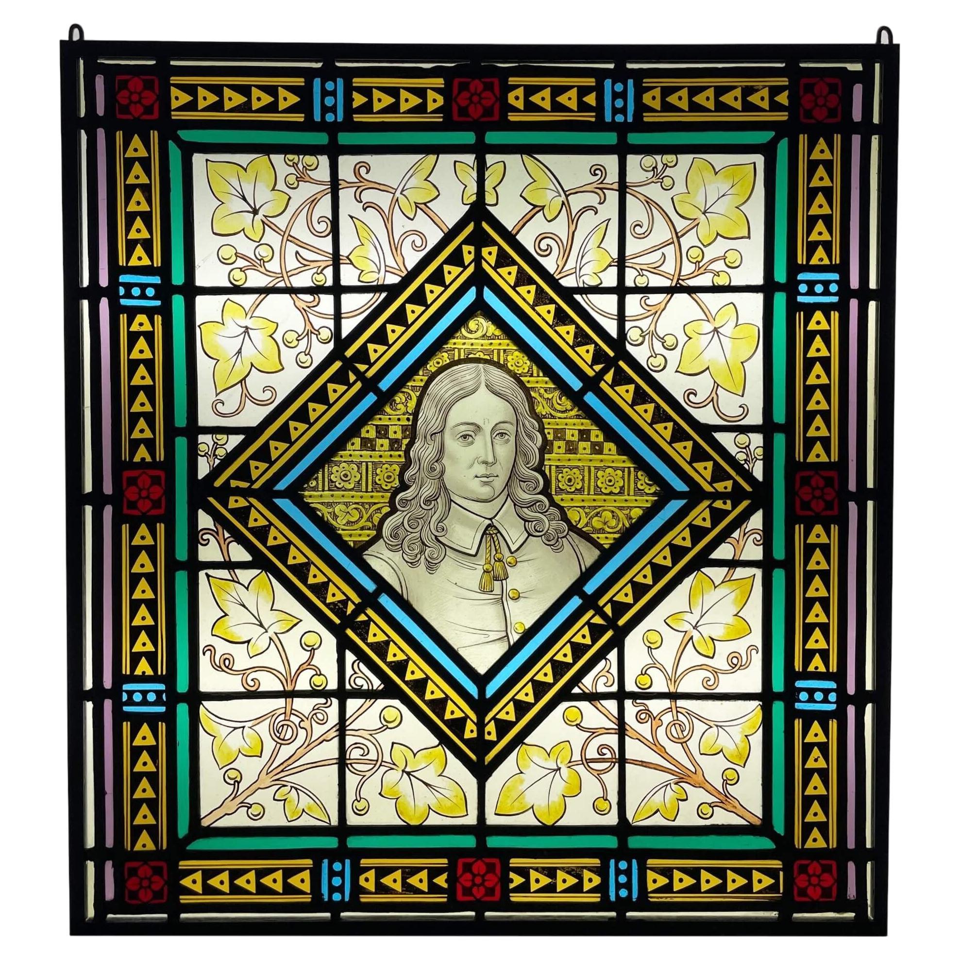 Antique Stained Glass Window Depicting a Victorian Figure For Sale