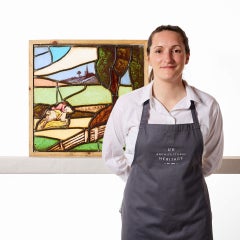 Antique Stained Glass Window Depicting Countryside Scene