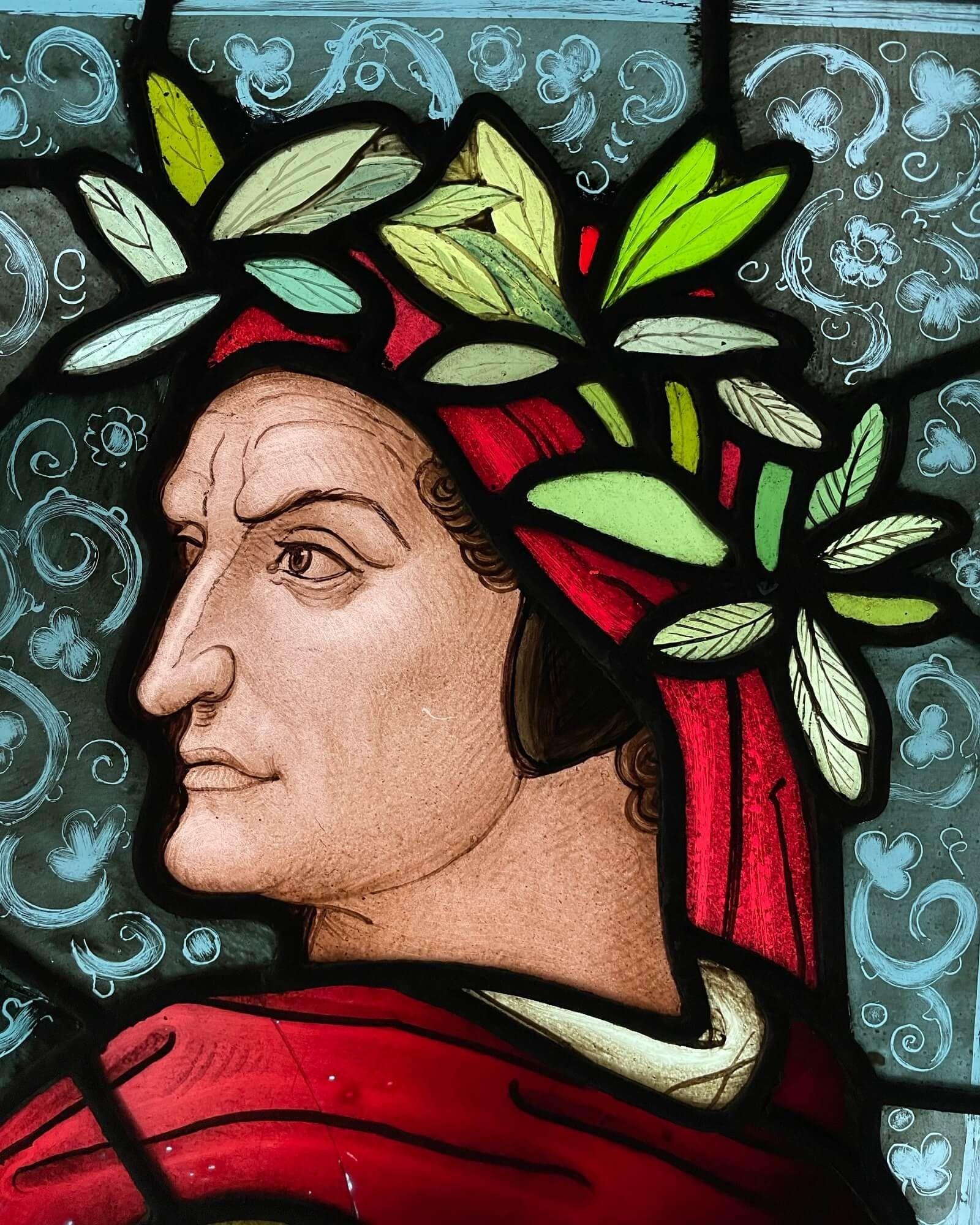 A vibrant and brilliantly detailed mid 19th century antique stained glass window depicting Dante Alighieri, famed late 13th to early 14th century Italian philosopher, writer and poet.

He is captured here in stained glass as he is often portrayed in