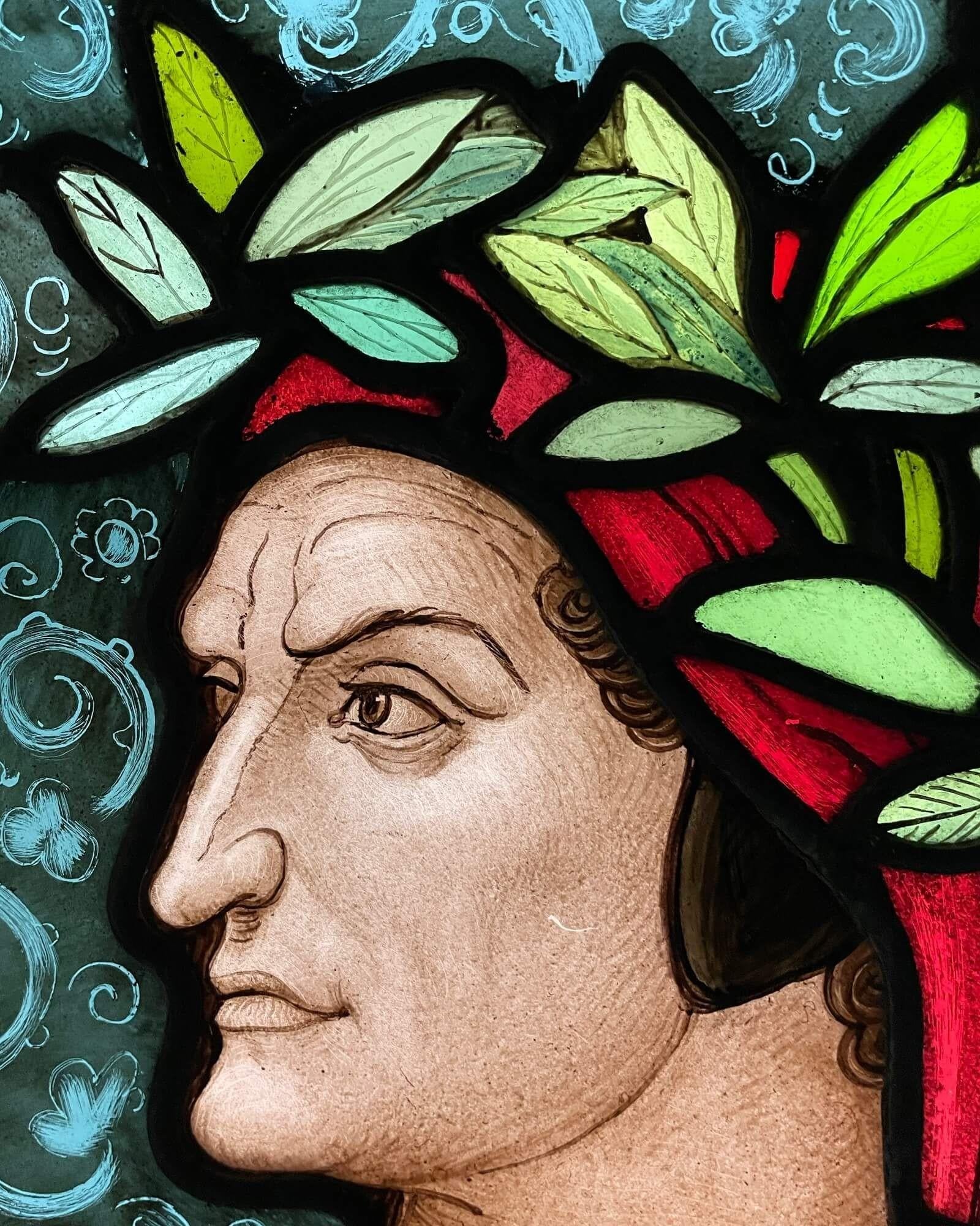 English Antique Stained Glass Window Depicting Dante For Sale