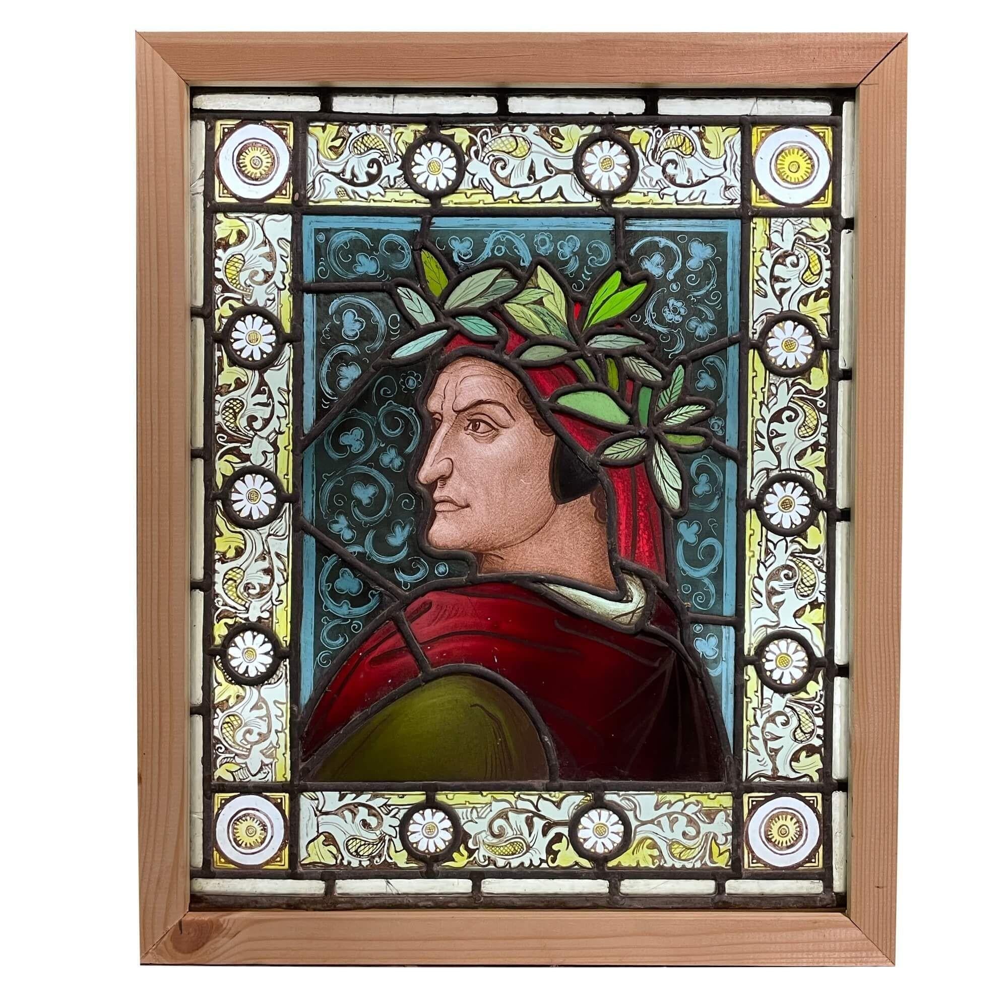 Antique Stained Glass Window Depicting Dante In Fair Condition For Sale In Wormelow, Herefordshire
