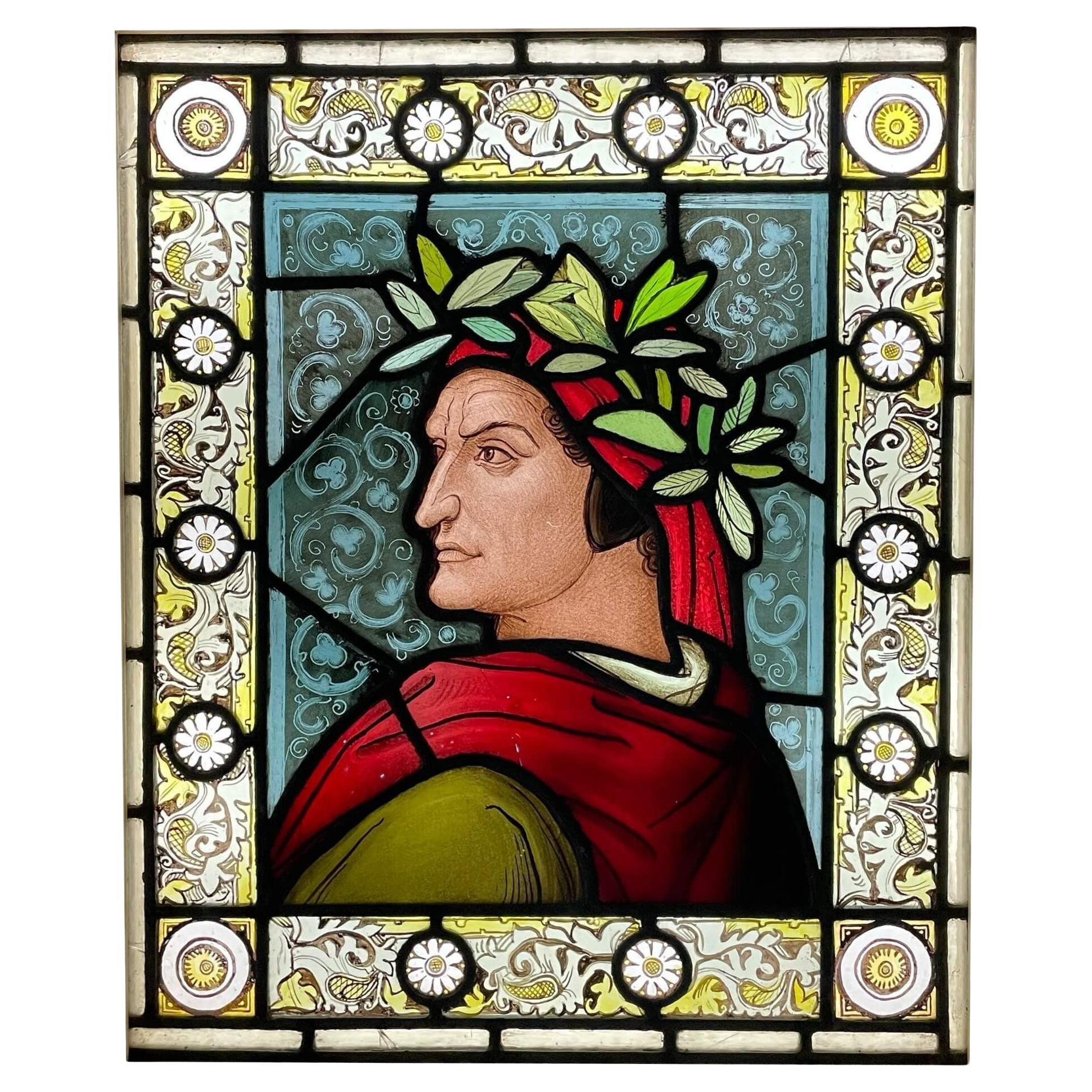 Antique Stained Glass Window Depicting Dante For Sale