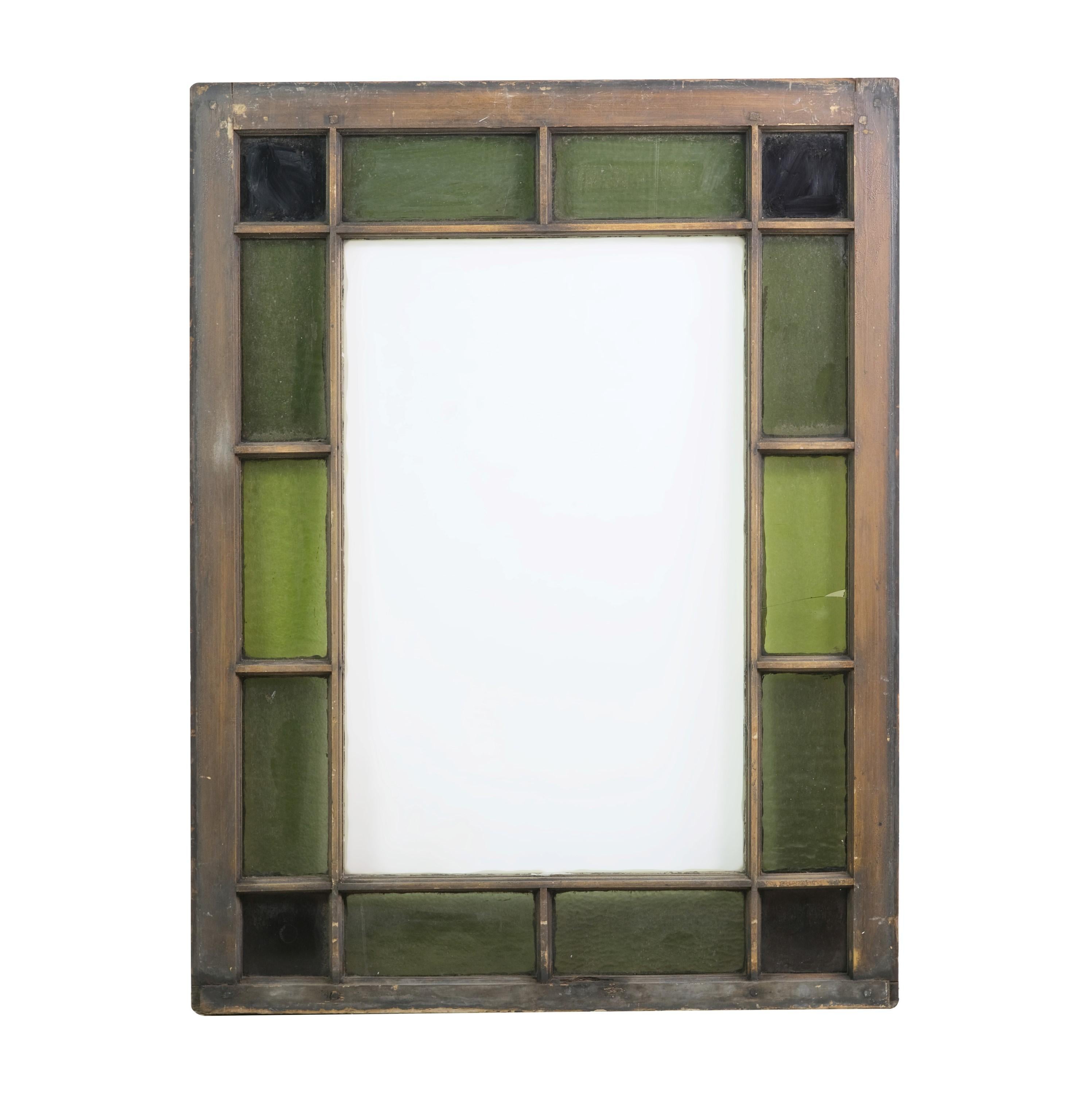 Antique Stained Glass Window Green Panes w/ Pine Frame and Clear Middle 2