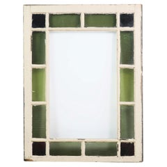 Antique Stained Glass Window Green Panes w/ Pine Frame and Clear Middle