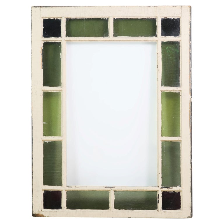 Antique Stained Glass Window Green Panes w/ Pine Frame and Clear Middle