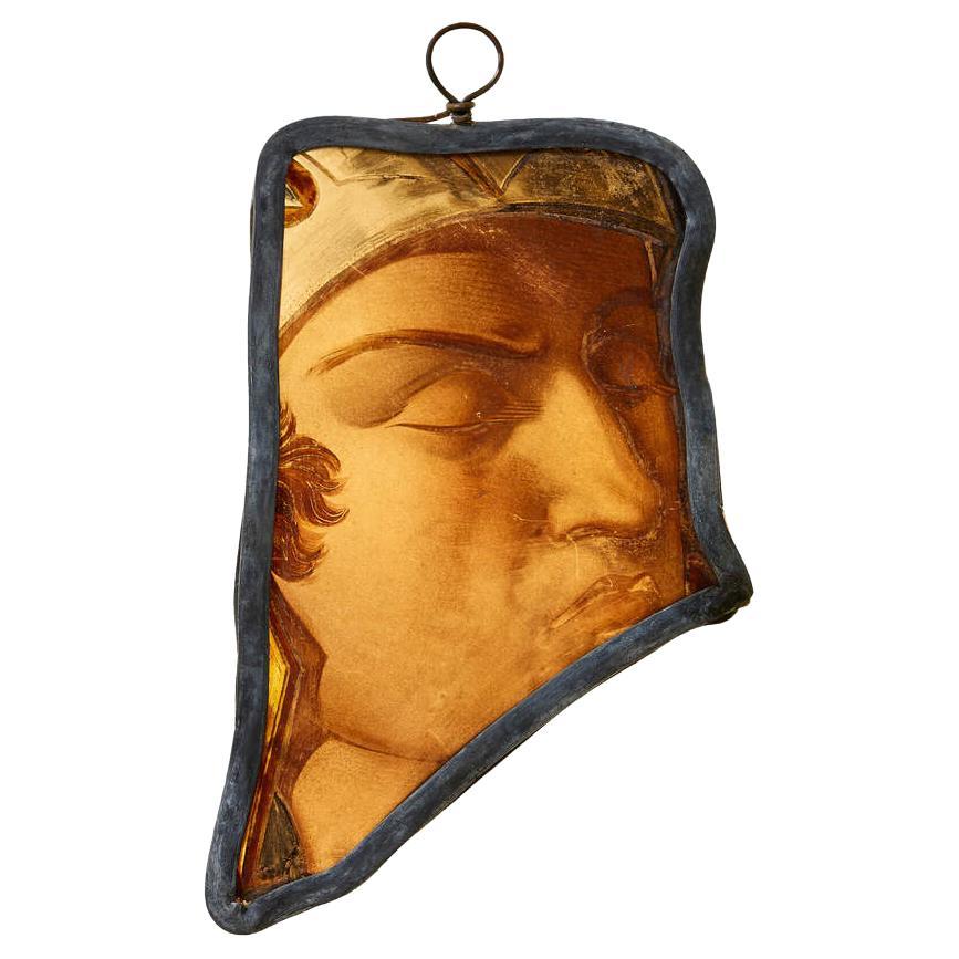 Antique Stained Glass Window Hanging Panel of a Saint or Soldier