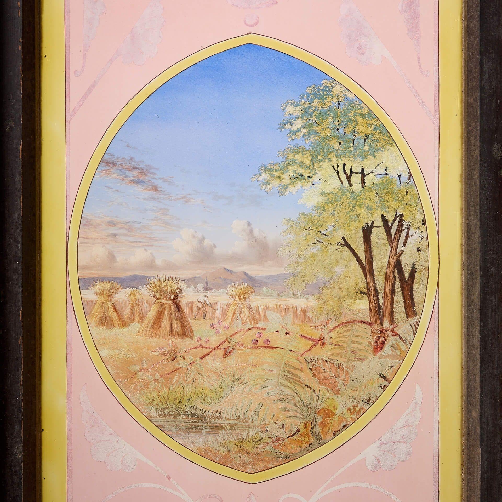 Victorian Antique Stained Glass Window of English Countryside Scene For Sale