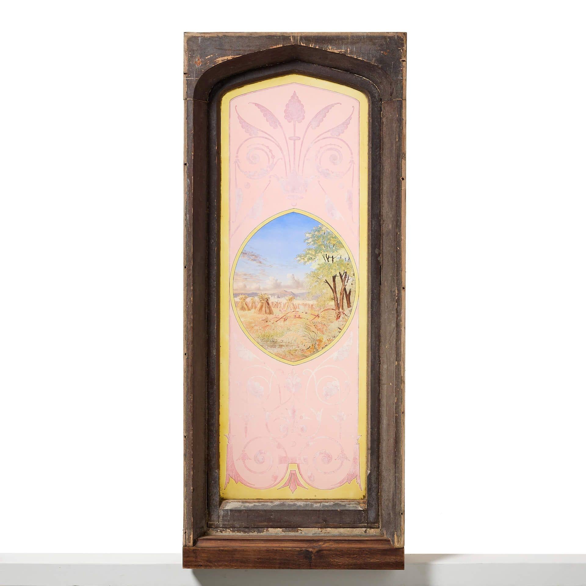 Antique Stained Glass Window of English Countryside Scene For Sale 1