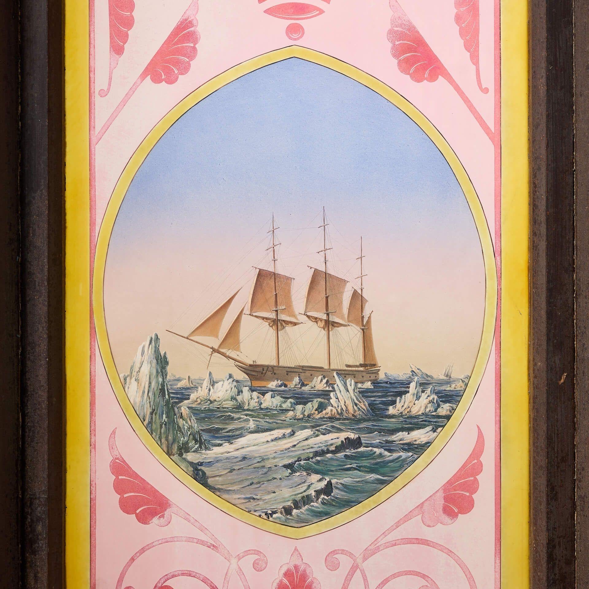 Victorian Antique Stained Glass Window of Ernest Shackleton's Endurance For Sale