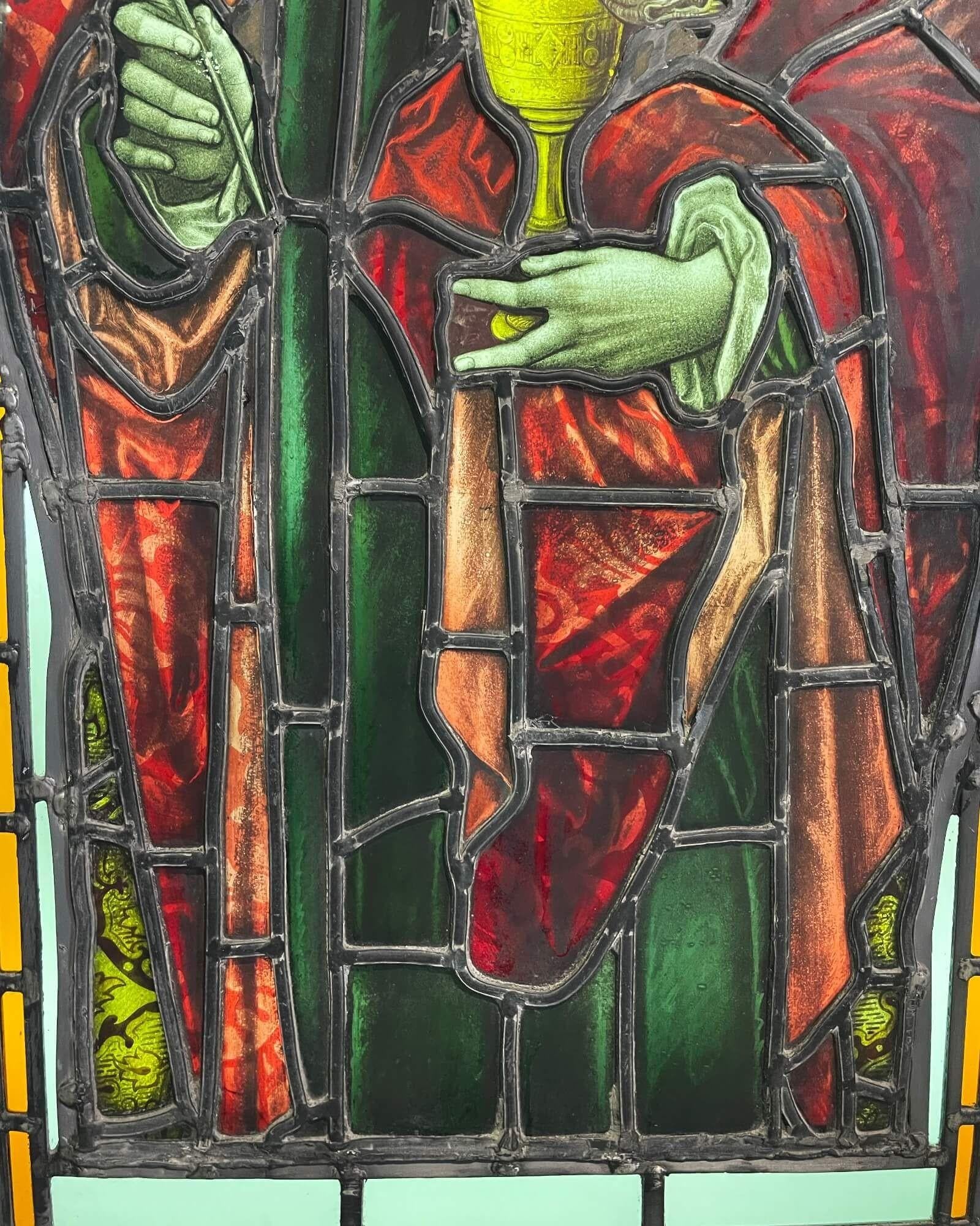 19th Century Antique Stained Glass Window of St John & Dragon For Sale