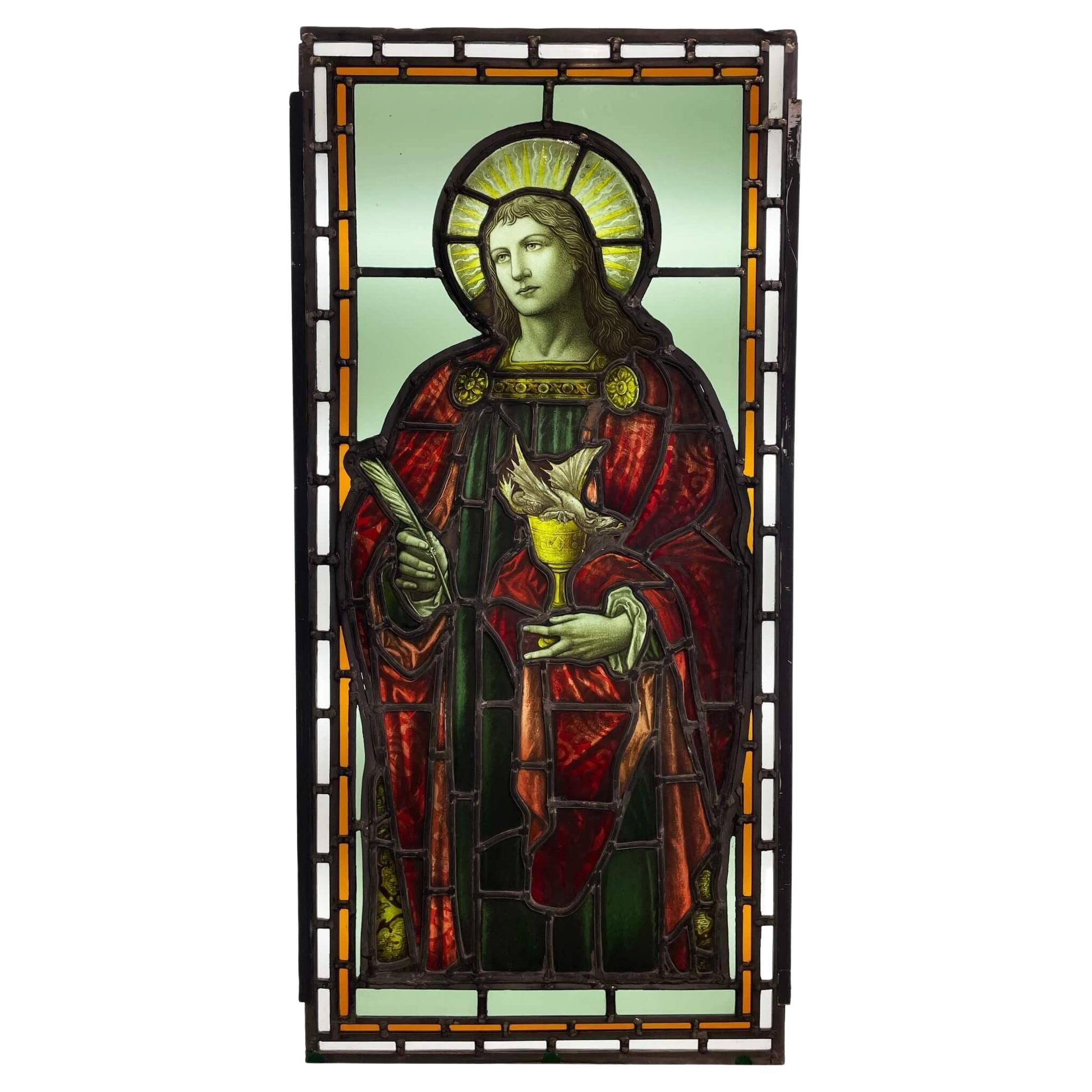 Antique Stained Glass Window of St John & Dragon For Sale