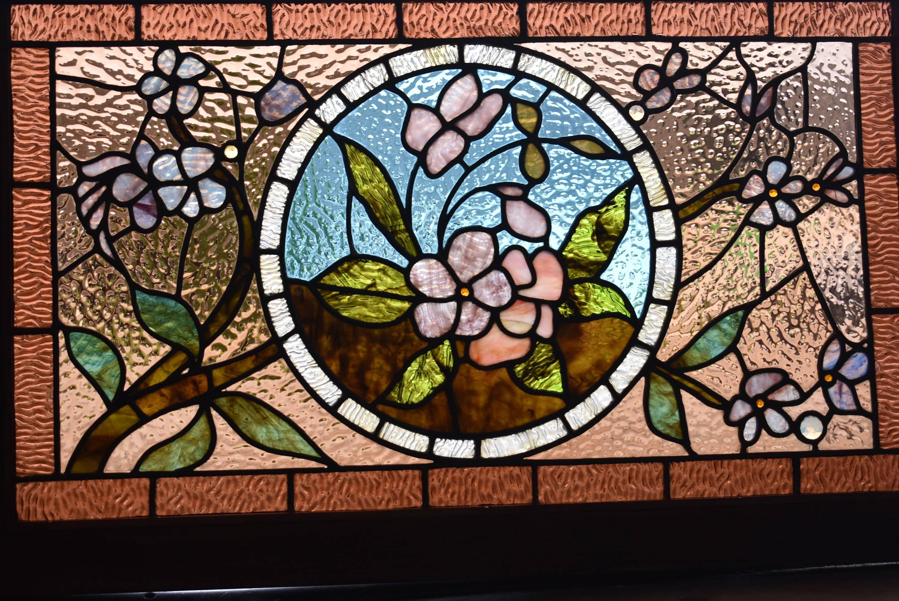 Antique Stained Glass Window With Flower Designs In Ripple Glass In Brown Green At 1stdibs