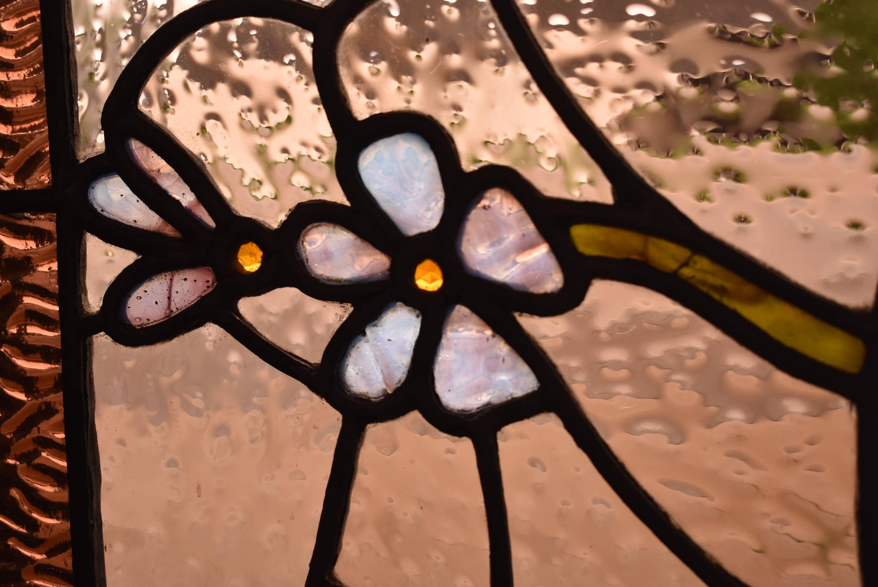 Antique Stained Glass Window with Flower Designs in Ripple Glass in ...
