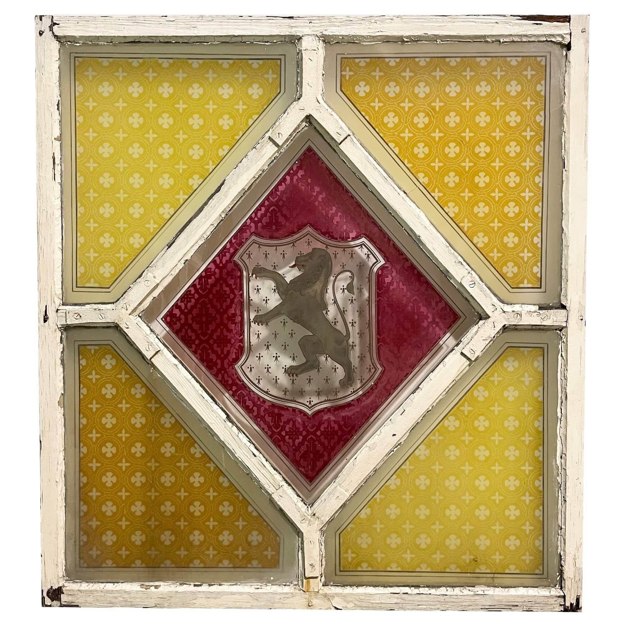 19th Century Antique Stained Glass Window with Tudor Trefor Family Crest For Sale