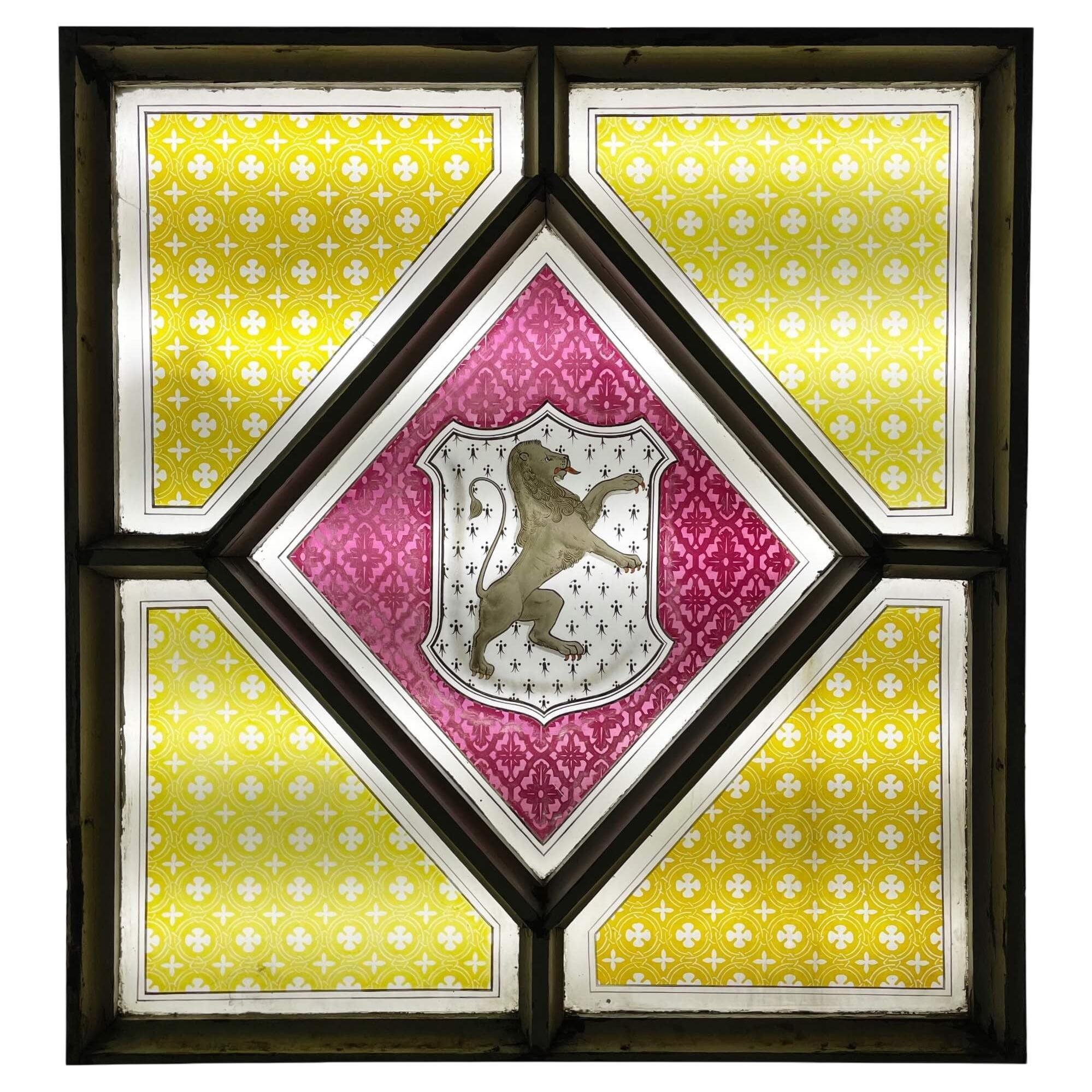 Antique Stained Glass Window with Tudor Trefor Family Crest For Sale