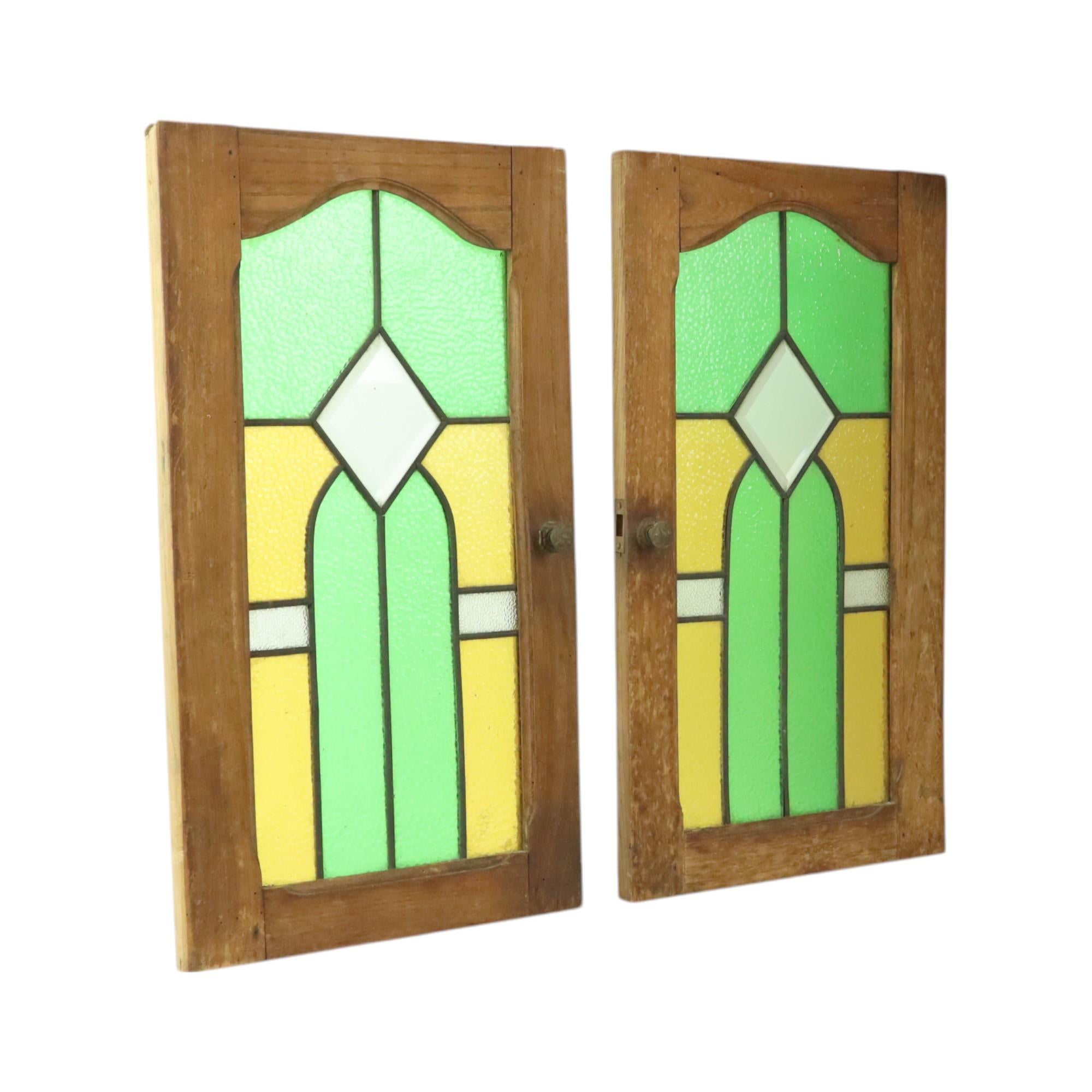 Belgian Antique Stained Glass Windows Oak Door Panel Art Deco