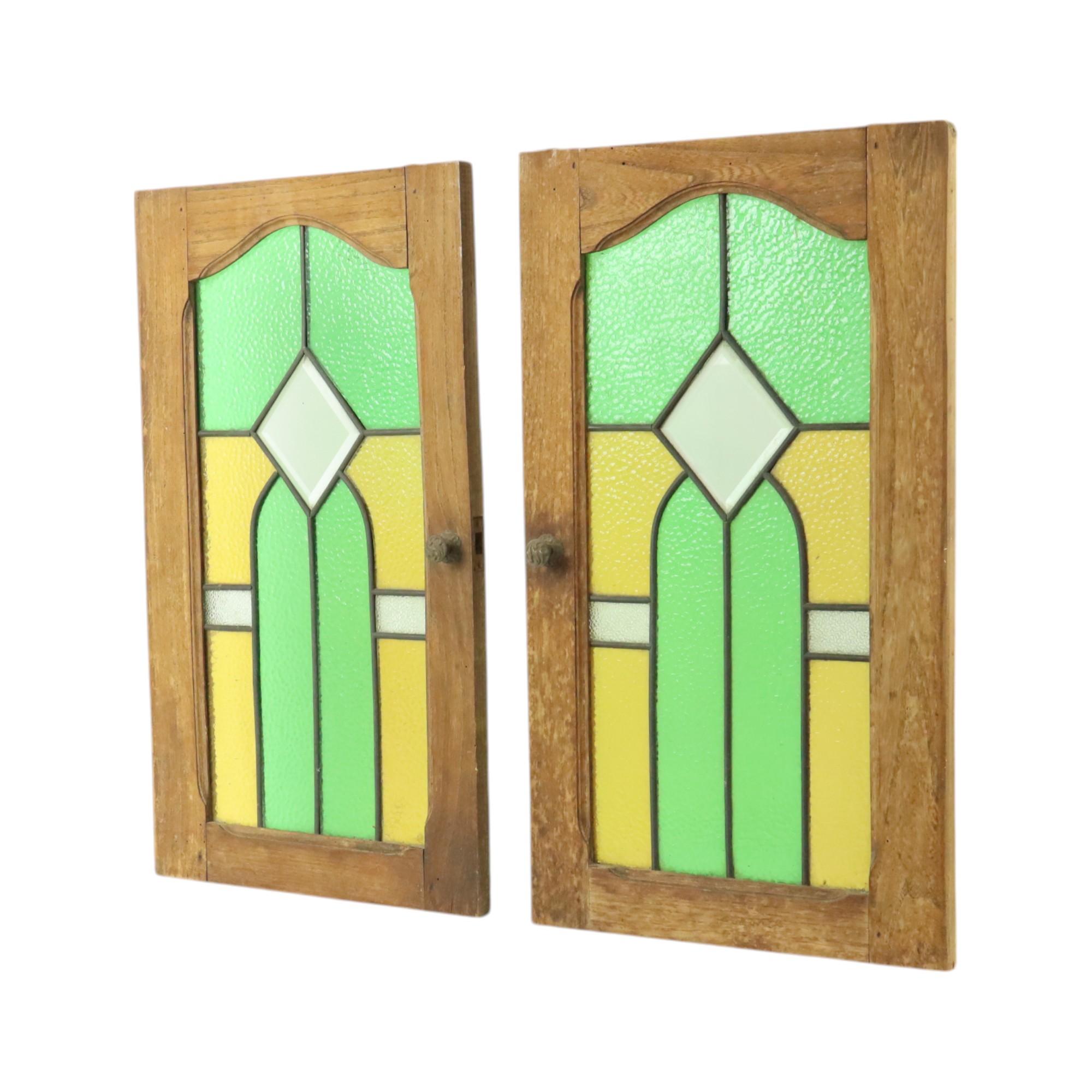 Antique Stained Glass Windows Oak Door Panel Art Deco In Good Condition In Poperinge, BE