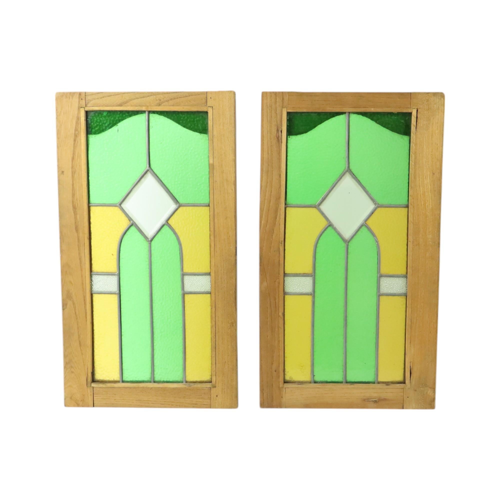 Mid-20th Century Antique Stained Glass Windows Oak Door Panel Art Deco