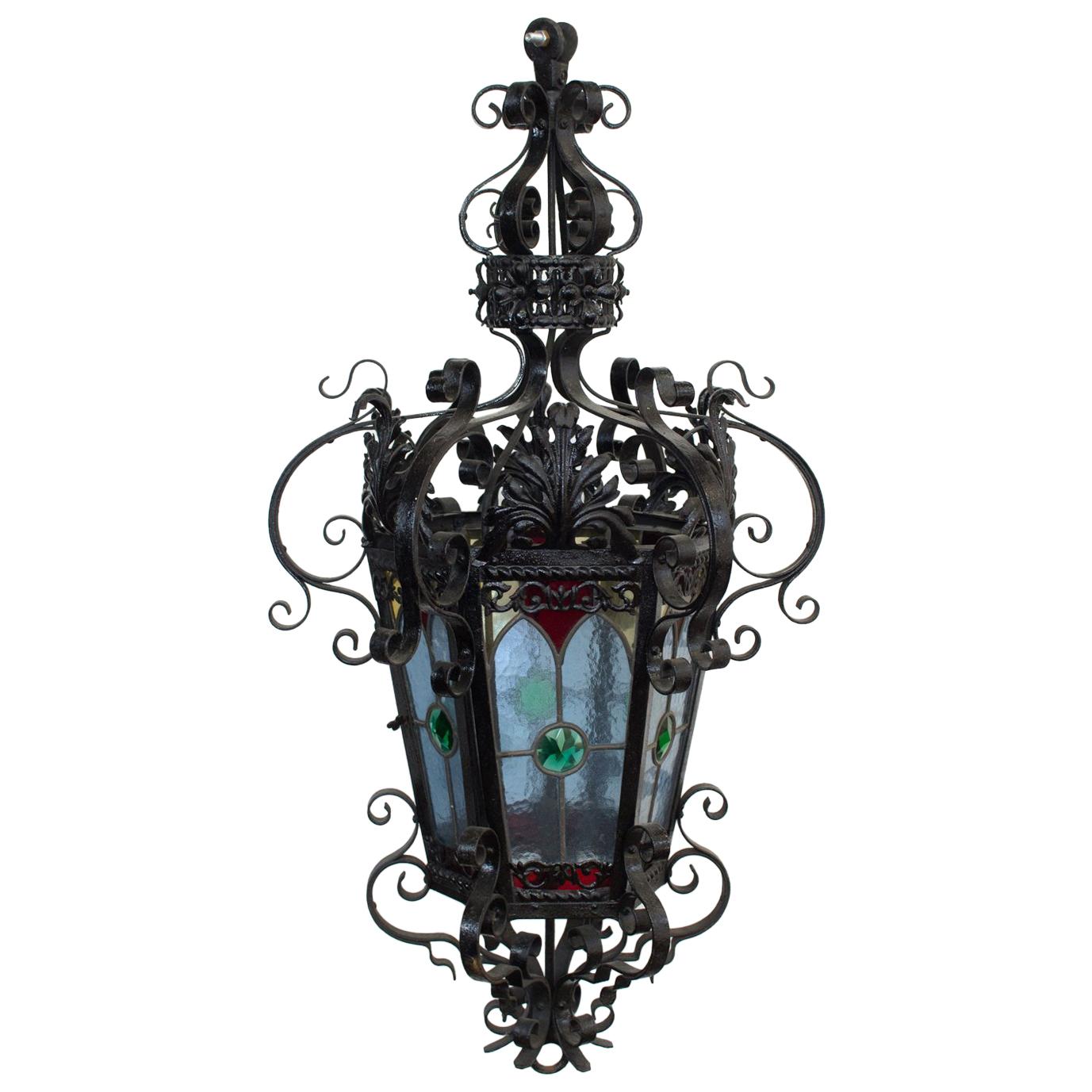 Antique Stained Glass Wrought Iron Lantern