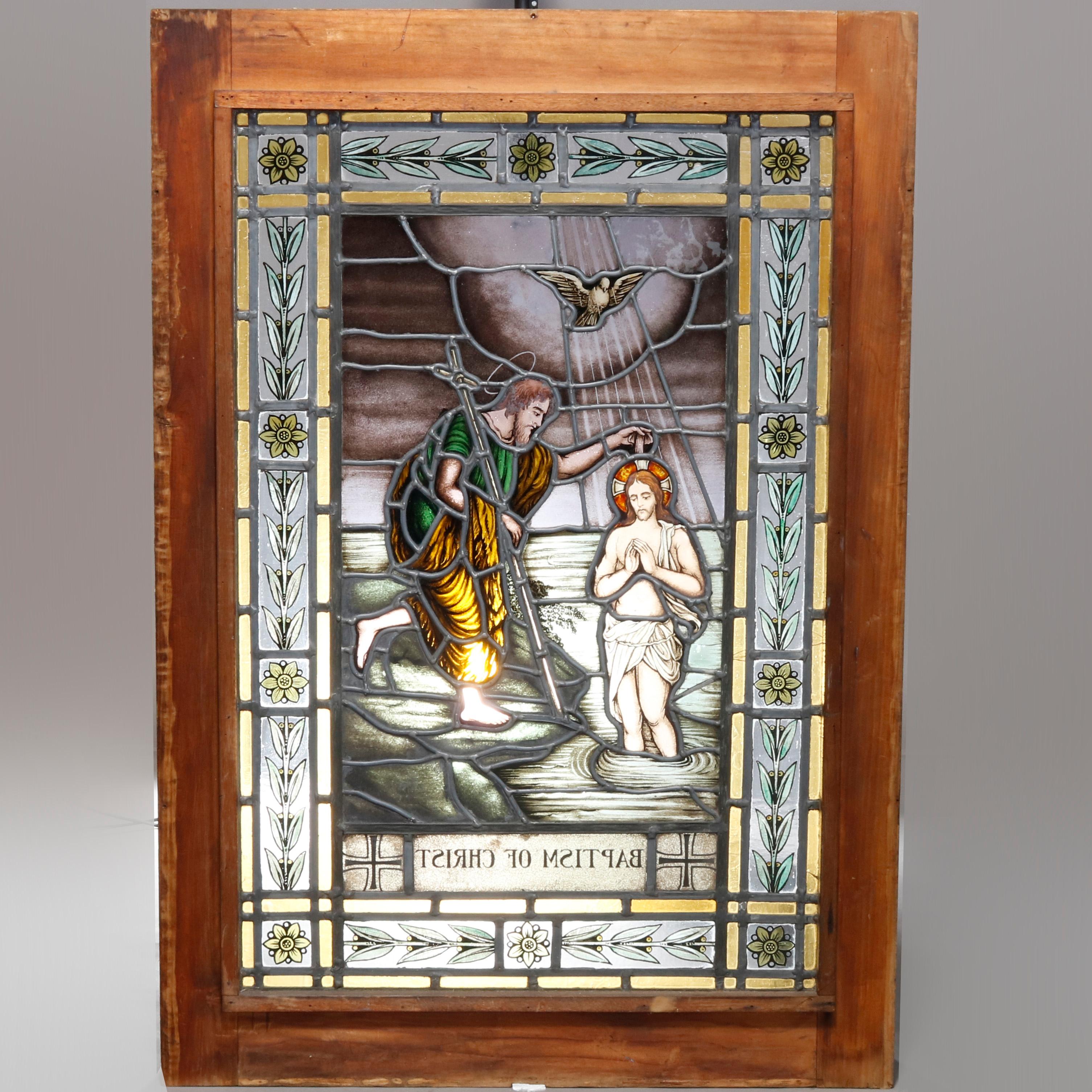 An antique leaded and painted pictorial stained glass window titled 