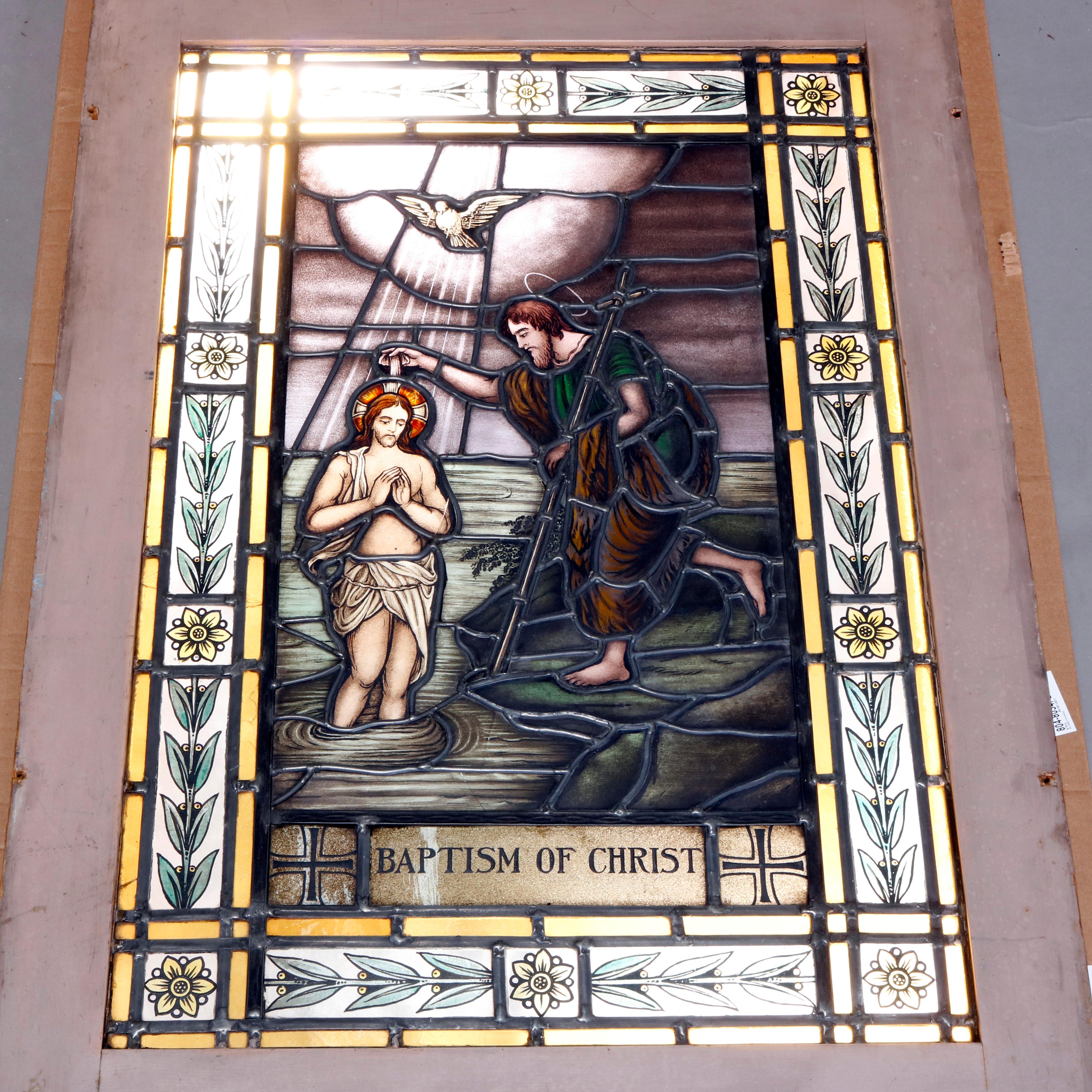 Italian Antique Stained, Painted and Leaded Mosaic Glass Window 
