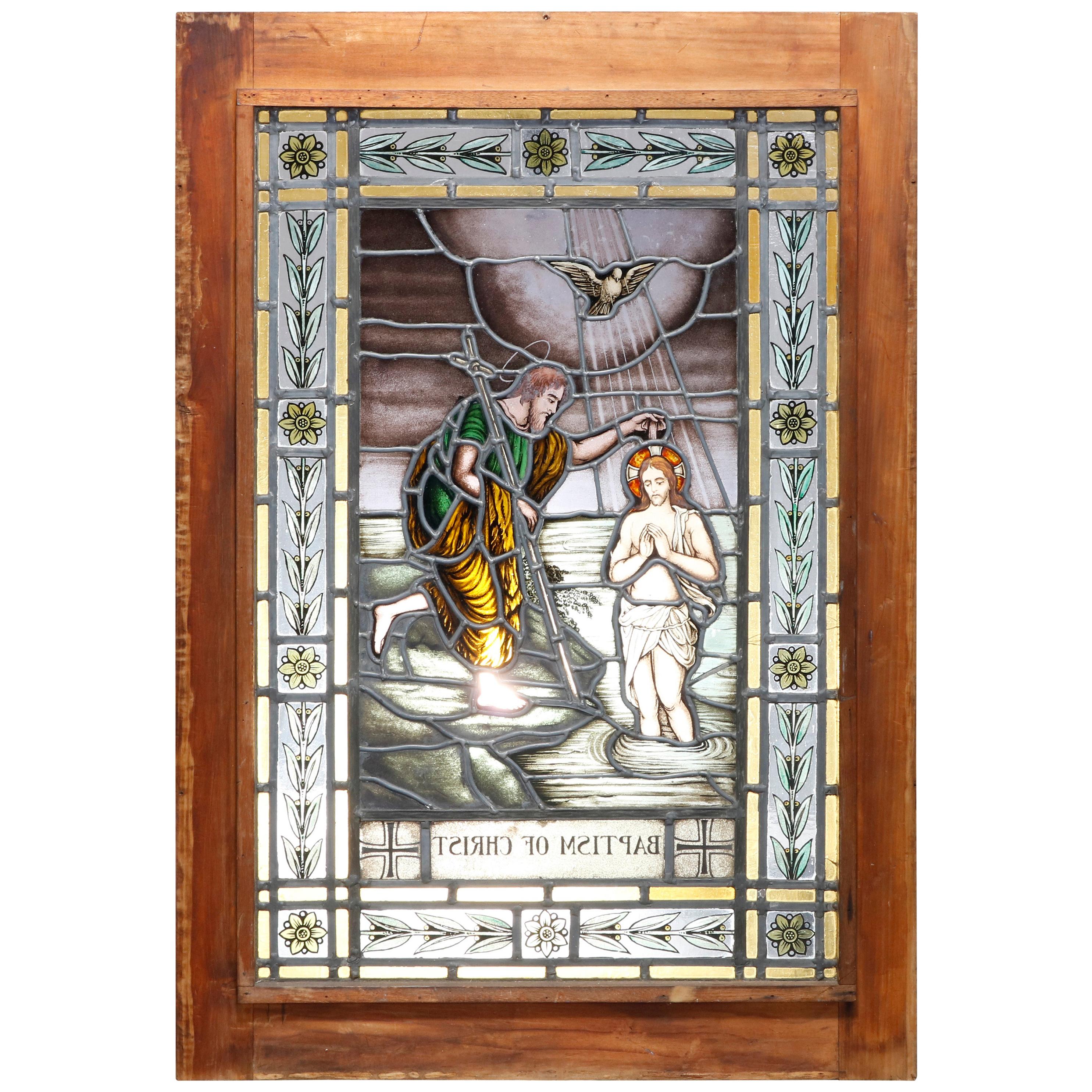 Antique Stained, Painted and Leaded Mosaic Glass Window "Baptism of Christ" 1890