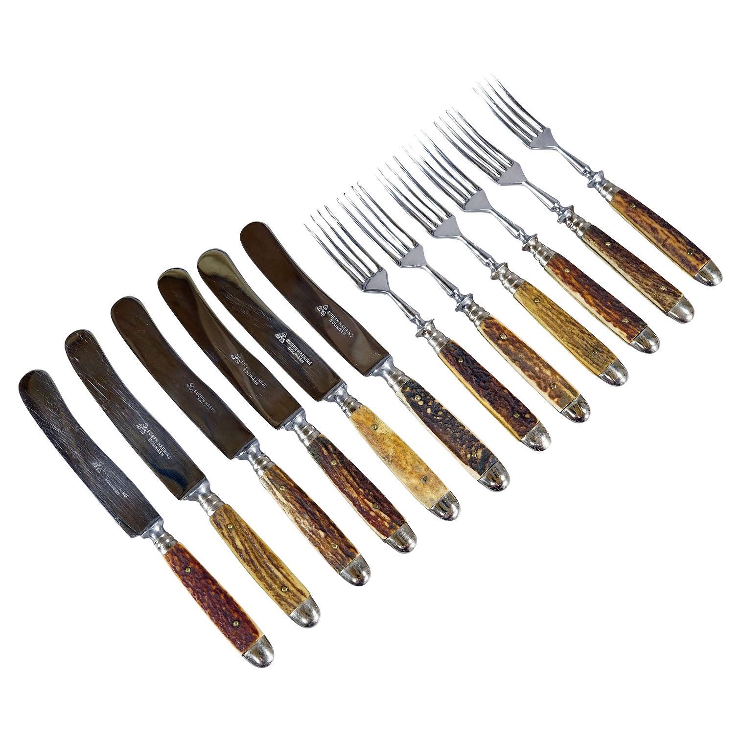 Antique Stainless Steel and Horn 12 Pieces Tableware Set, Germany 1930s
