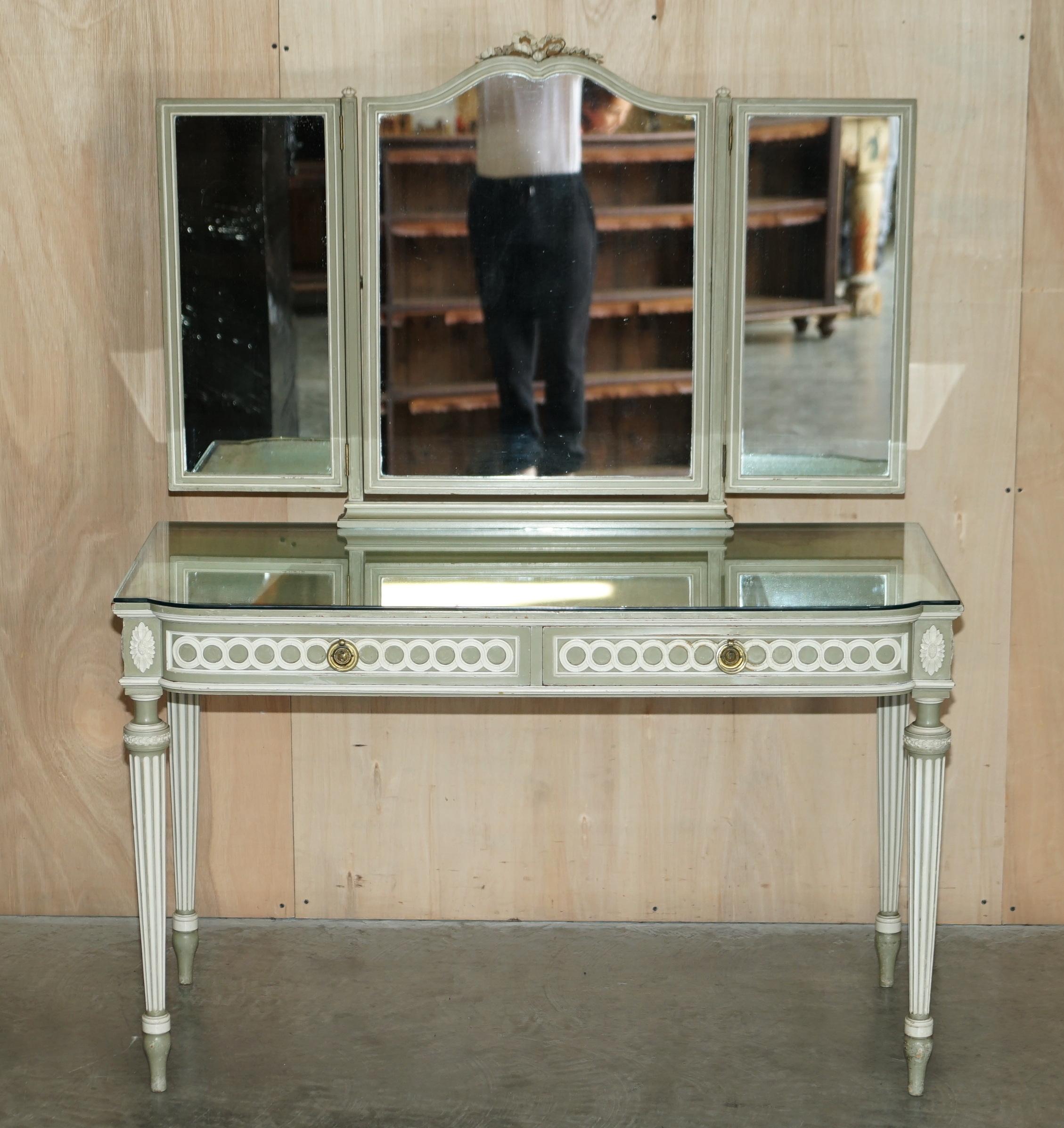 We are delighted to offer for sale this original Antique fully stamped Mellier & Co made, George Hilton & Son’s retailed Anglo French Shabby Chic dressing table which is part of a set.

I have the matching, large single mirror door wardrobe listed