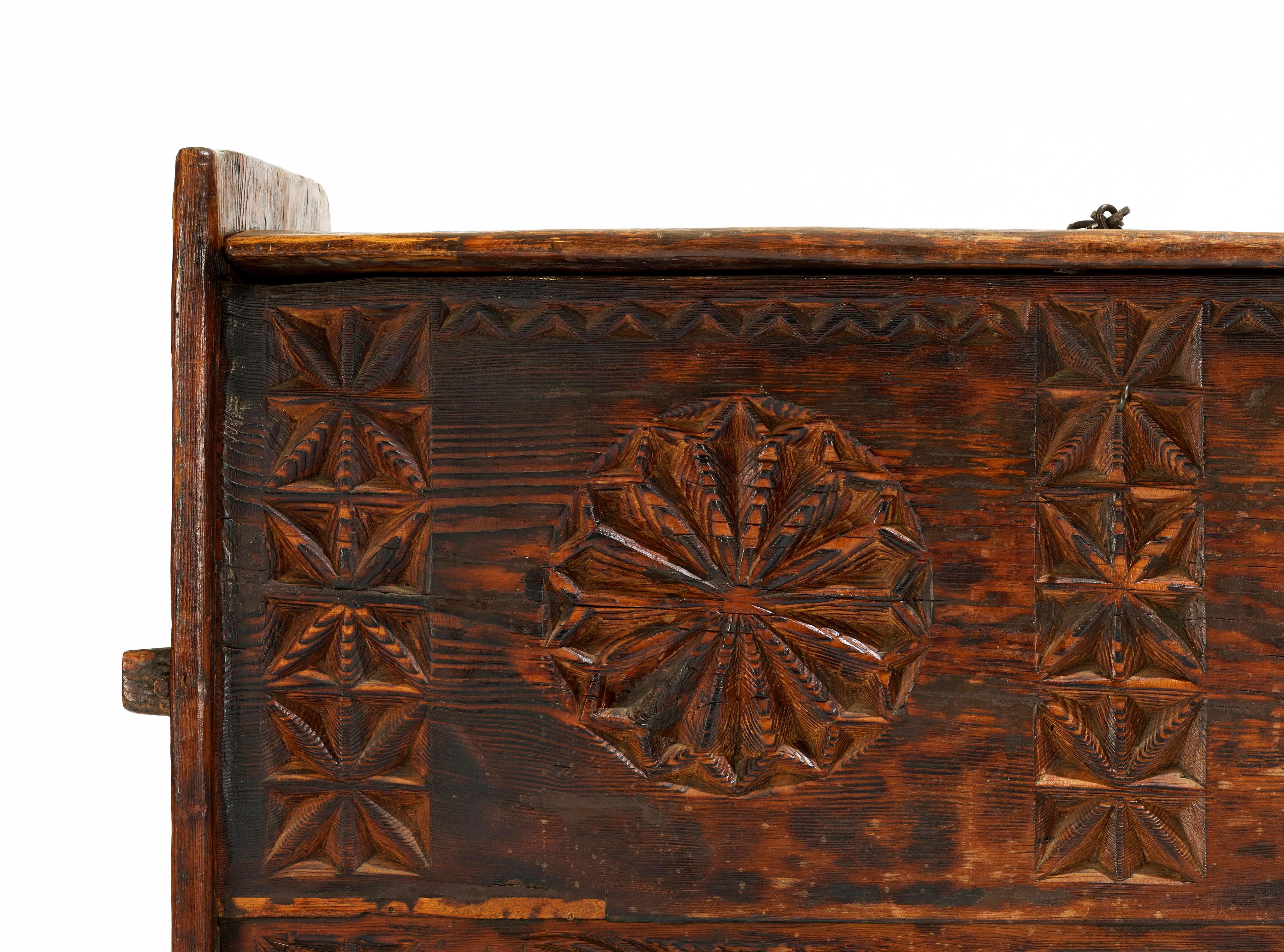Modern Antique 'Star Anise' Hand Carved Dowry Textile Chest, Nuristan, Afghanistan