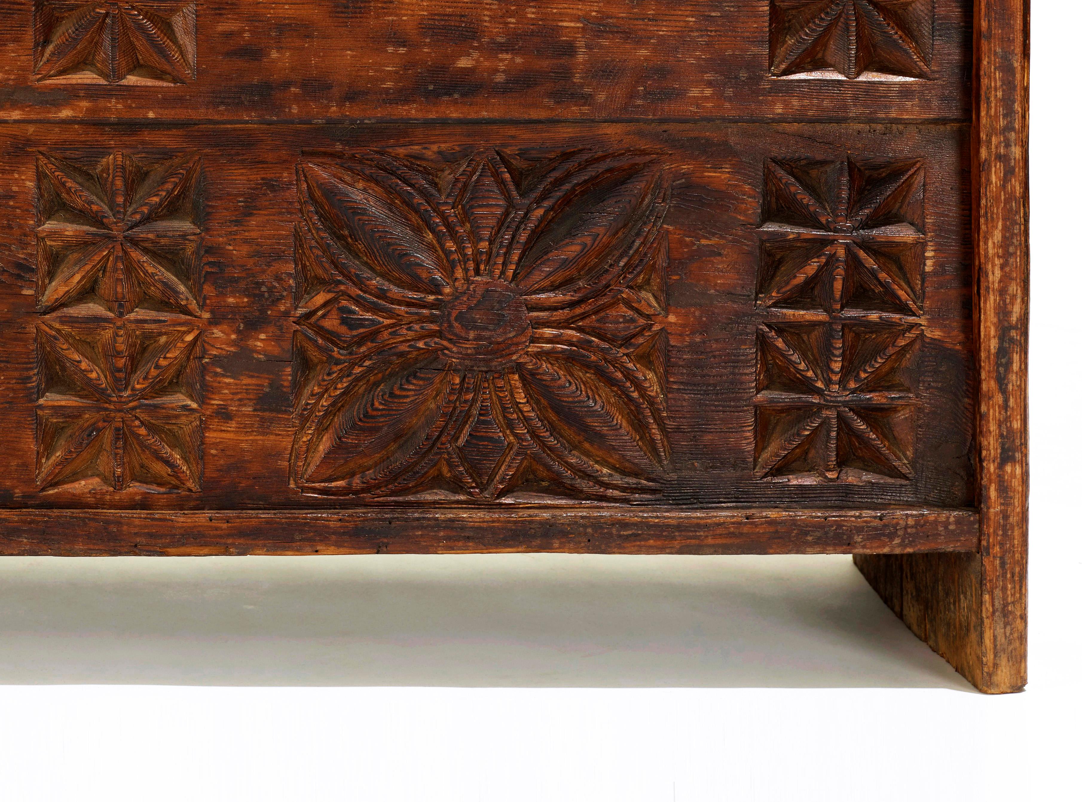 Hand-Carved Antique 'Star Anise' Hand Carved Dowry Textile Chest, Nuristan, Afghanistan