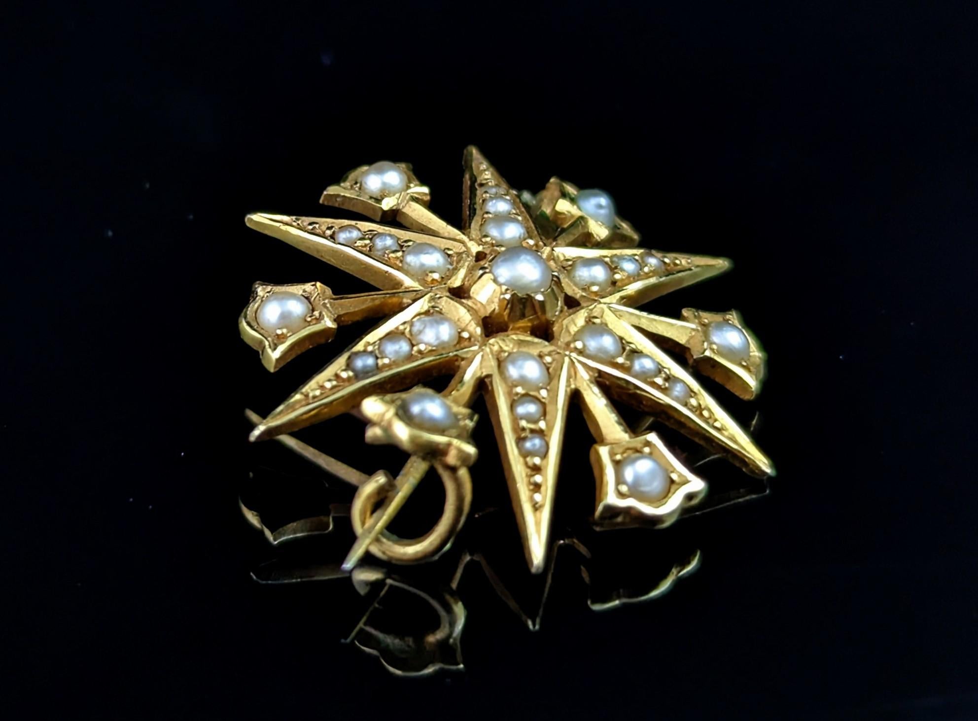 Edwardian Antique Star brooch, 15k yellow gold, Pearl, Starburst 