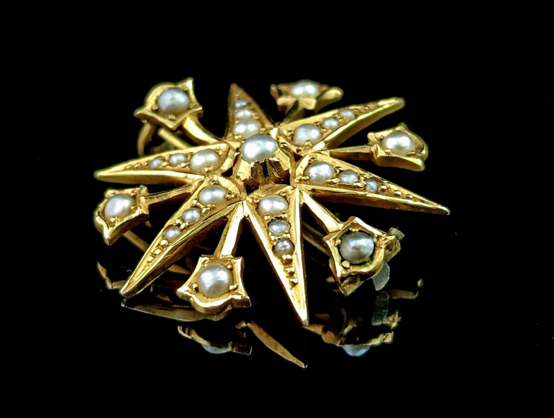 Cabochon Antique Star brooch, 15k yellow gold, Pearl, Starburst 