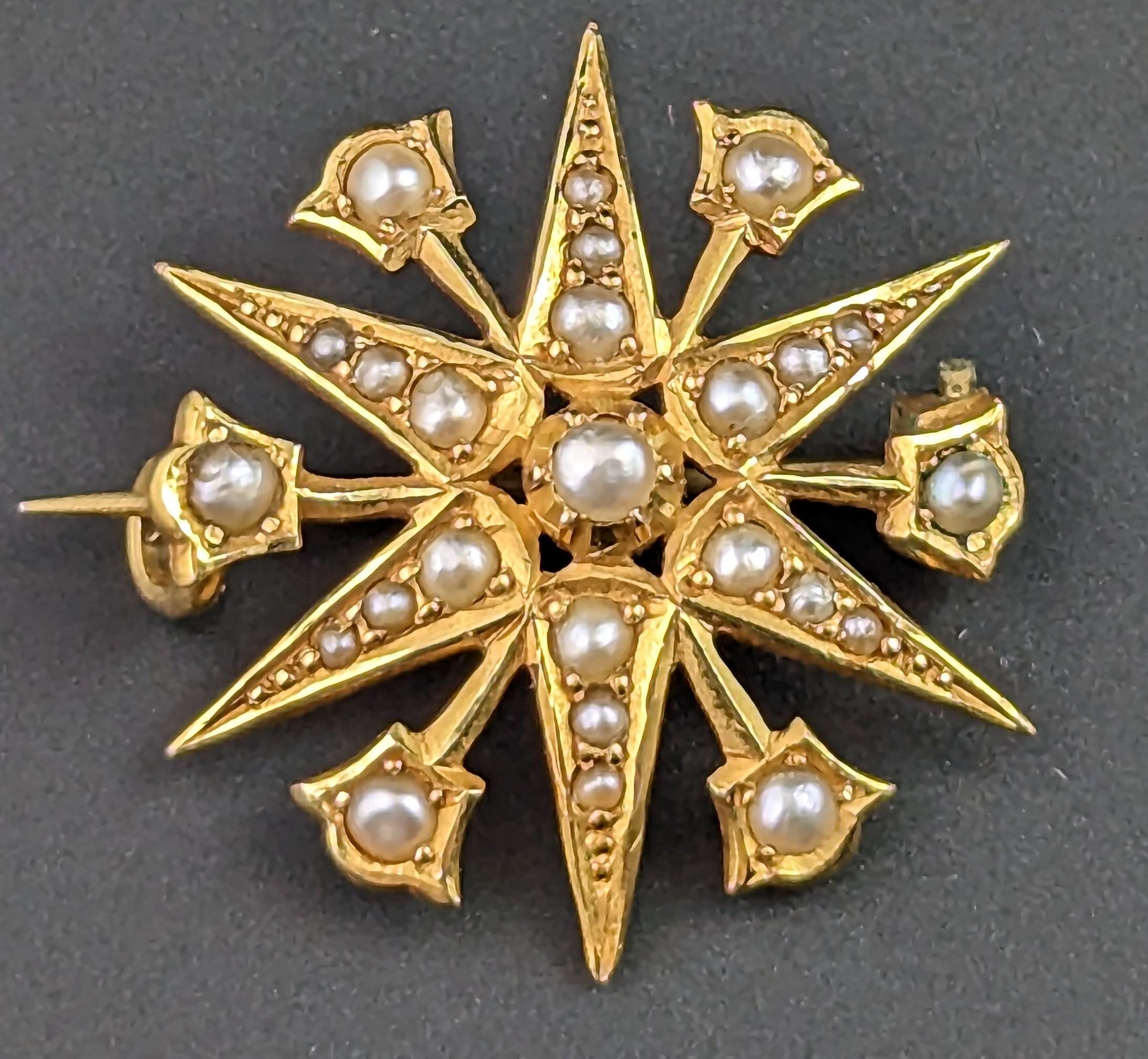 Antique Star brooch, 15k yellow gold, Pearl, Starburst  3