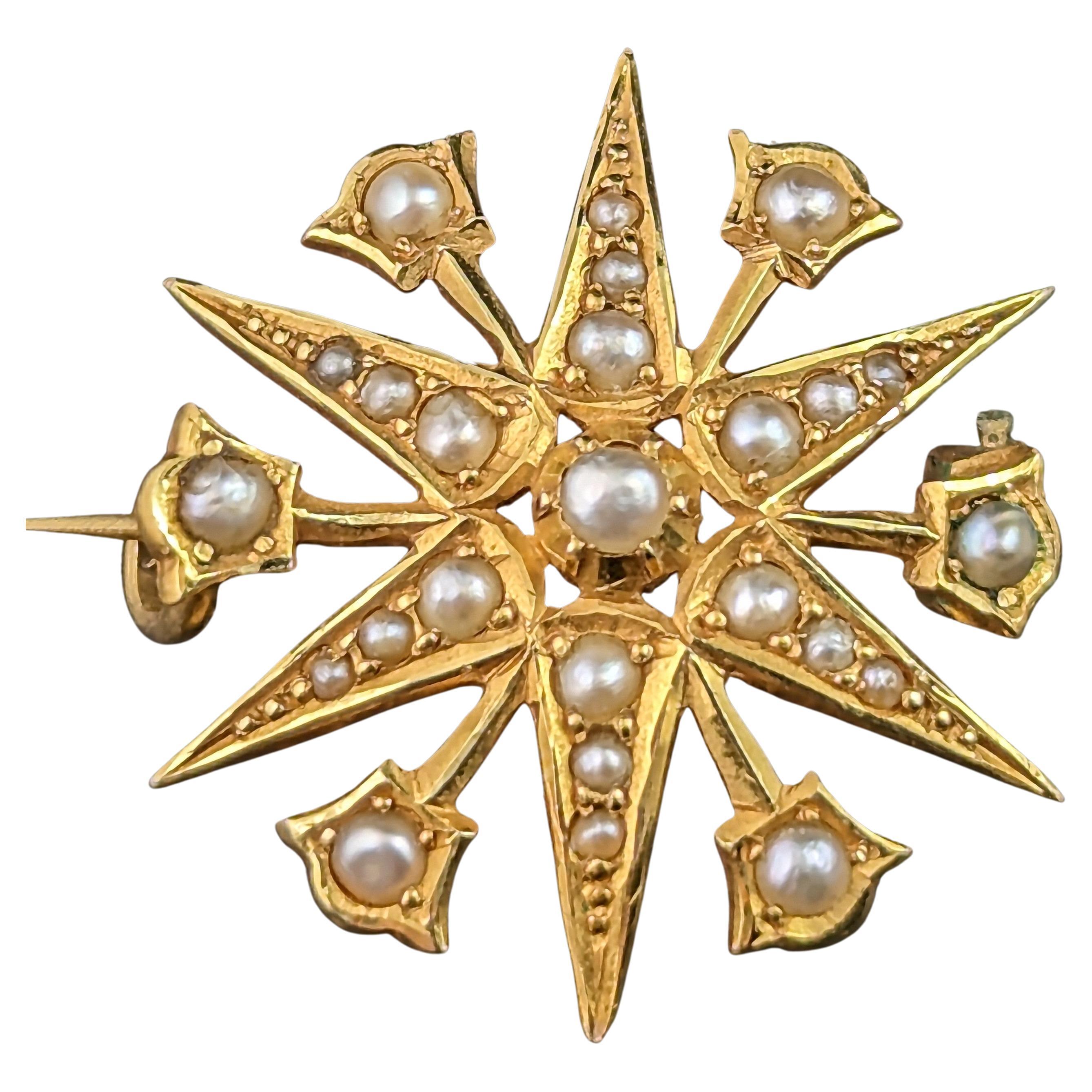 Antique Star brooch, 15k yellow gold, Pearl, Starburst 