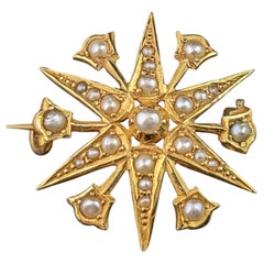 Antique Star brooch, 15k yellow gold, Pearl, Starburst 
