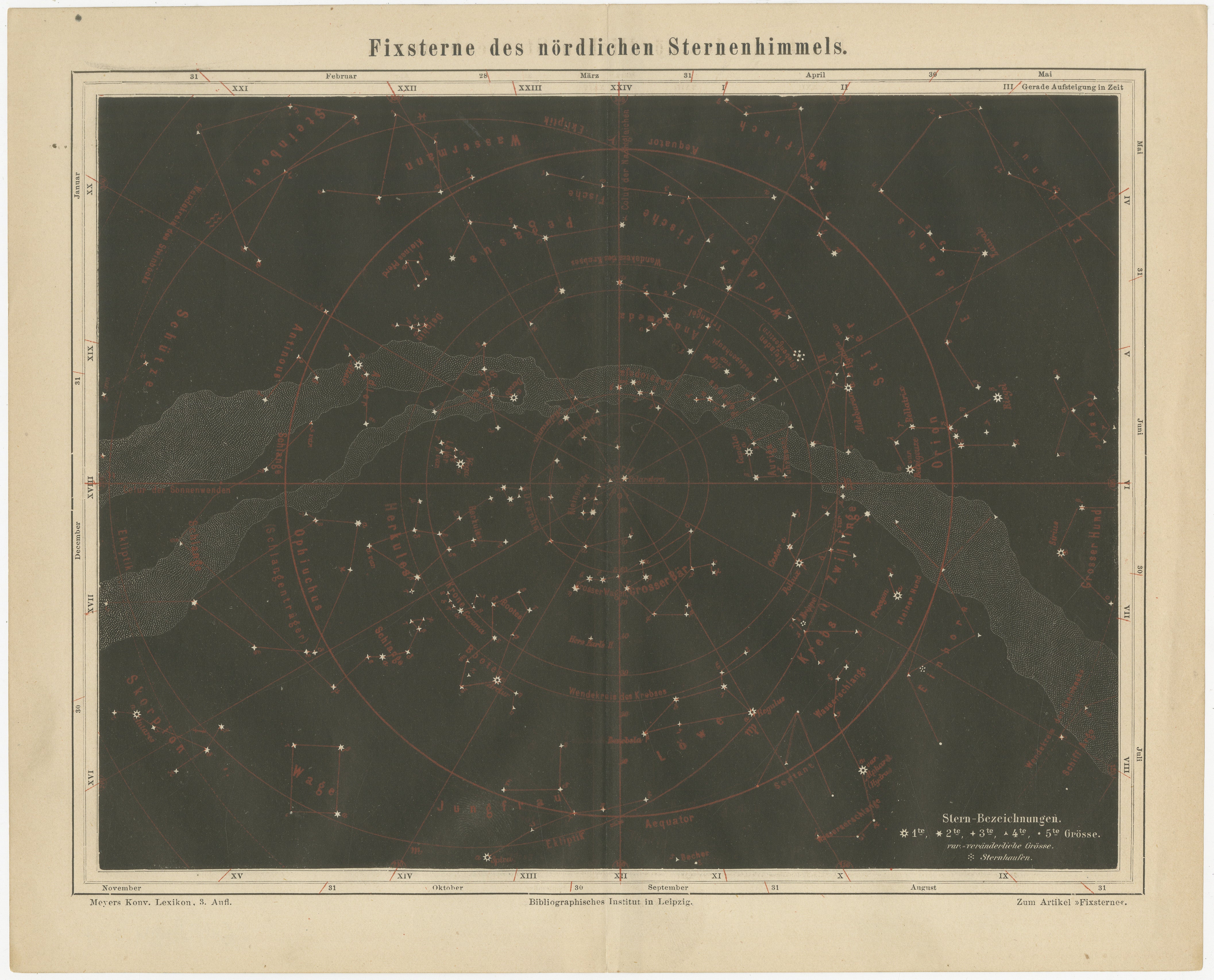 Antique Star Chart Northern Hemisphere “Fixsterne”, Meyers Leipzig c.1900