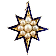 Colgante estrella antigua, Esmalte azul, Perla partida, Oro amarillo 9k