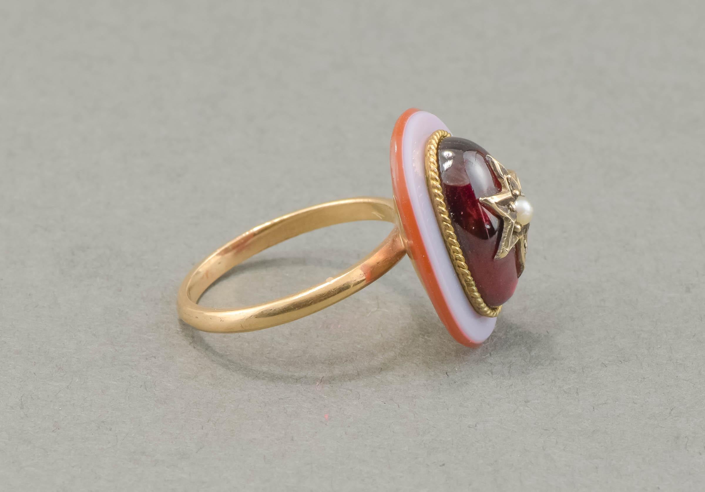 Cabochon Antique Star Ring with Garnet, Agate & Pearl - Striking Conversion Ring For Sale