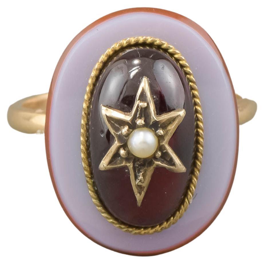 Antique Star Ring with Garnet, Agate & Pearl - Striking Conversion Ring For Sale