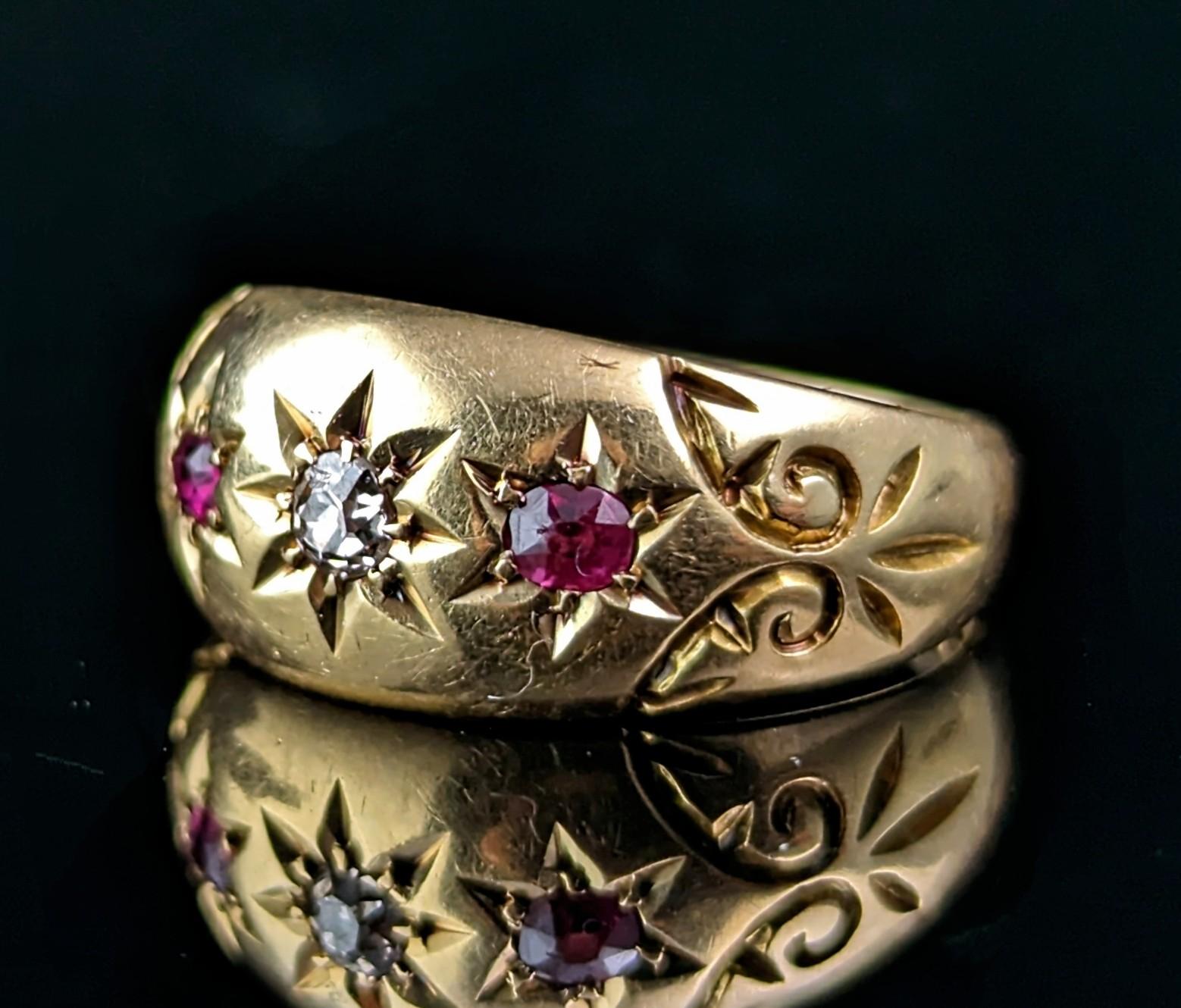 Old Mine Cut Antique Star set Ruby and Diamond ring, 18k gold  For Sale