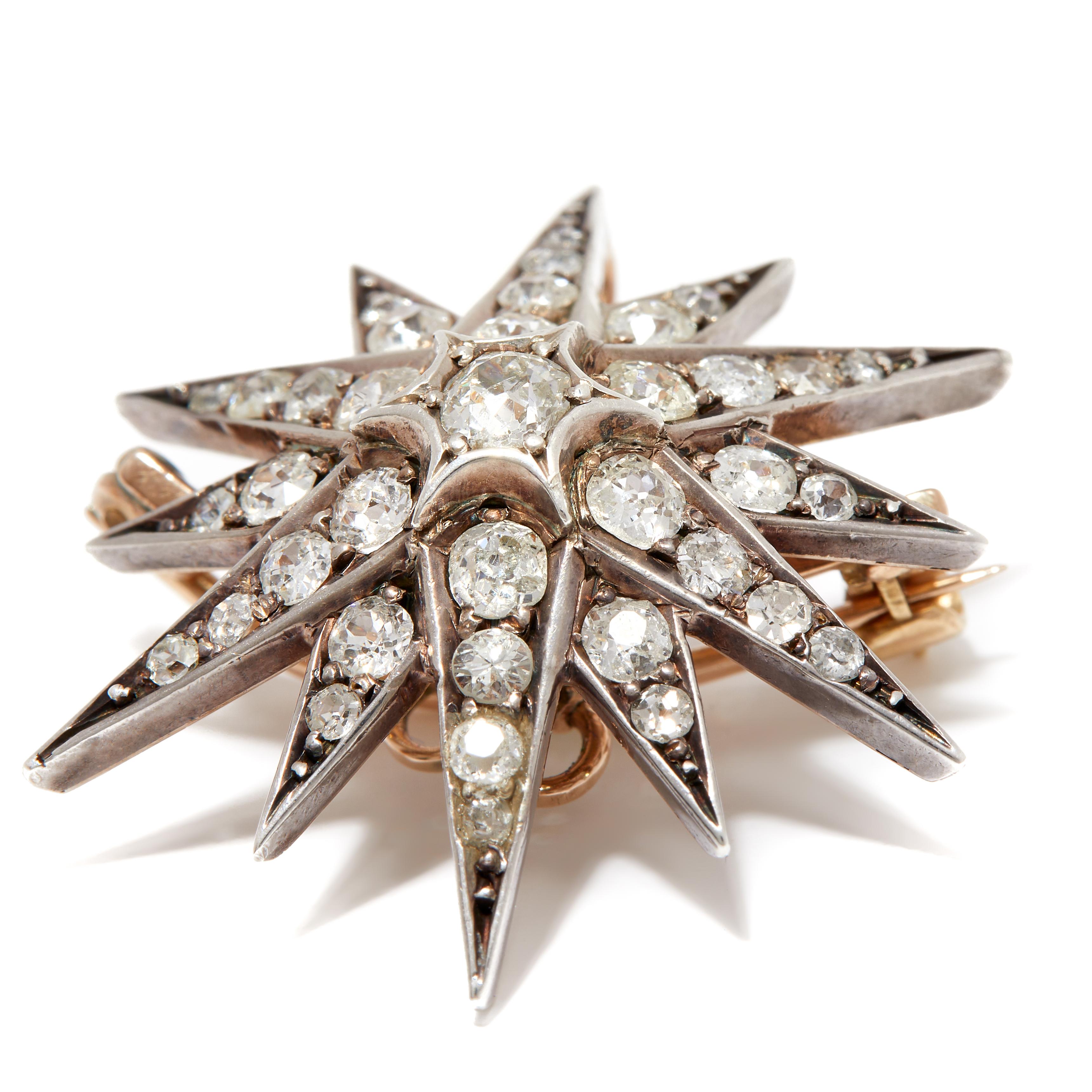 Old European Cut Antique Starburst Diamond Brooch/Pendant/Hairpin In Original Case  For Sale