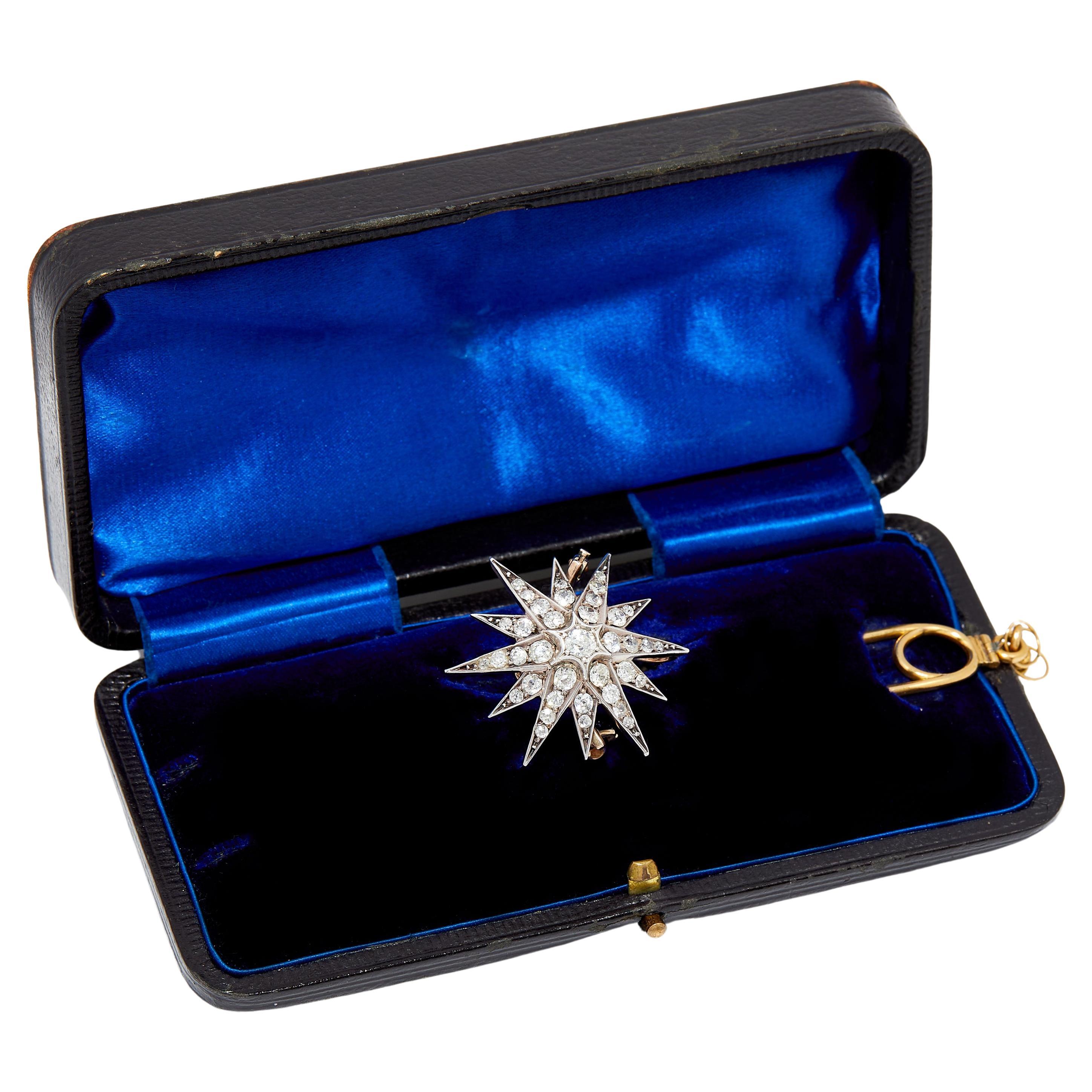 Antique Starburst Diamond Brooch/Pendant/Hairpin In Original Case  For Sale