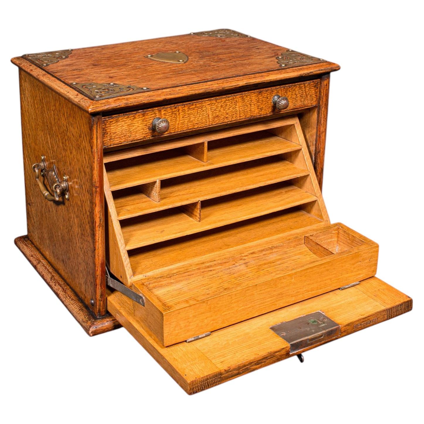 Antique Stationery Box, English, Golden Oak, Fall Front Desk Tidy, Edwardian