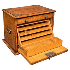 Antique Stationery Box, English, Golden Oak, Fall Front Desk Tidy, Edwardian