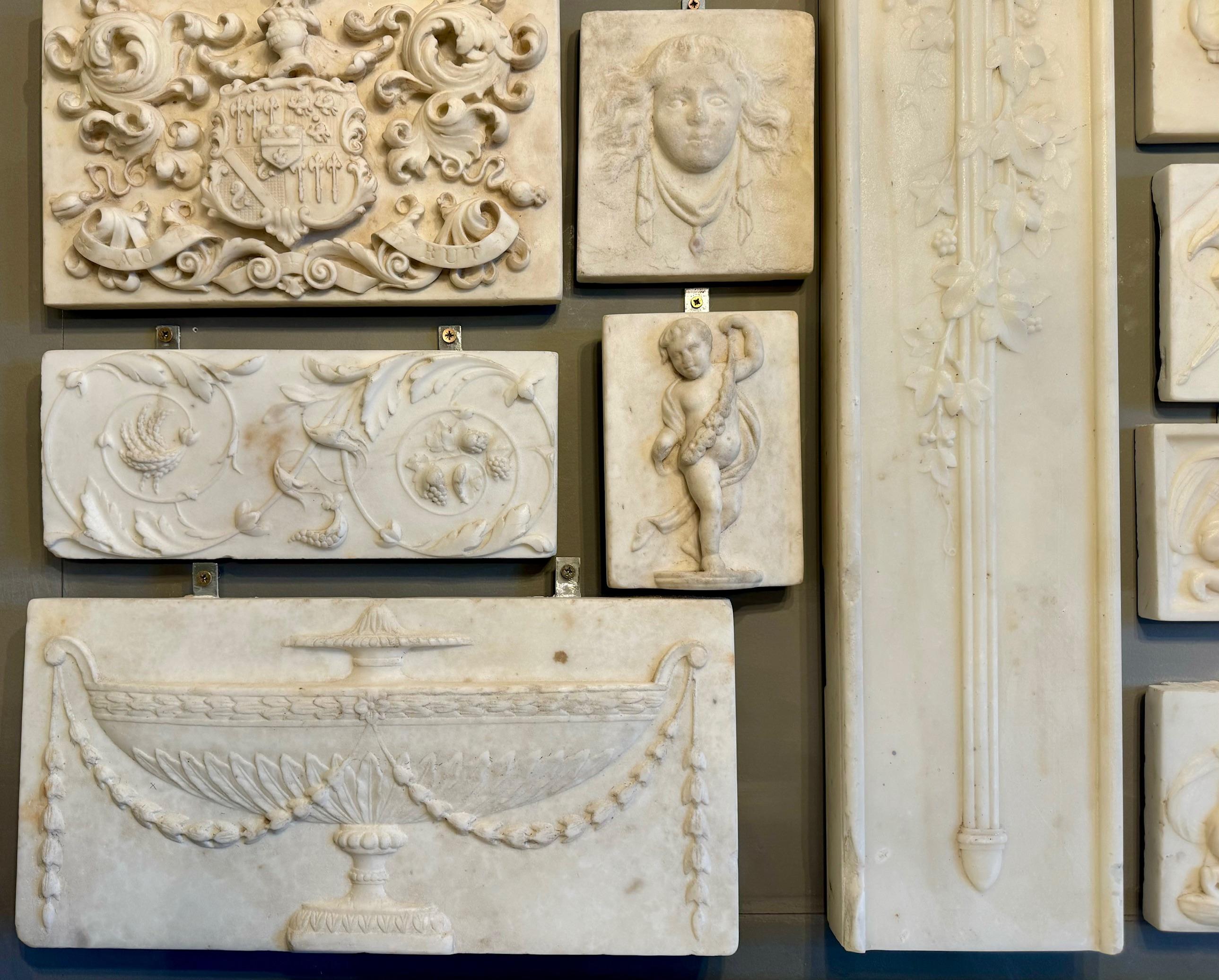 Hand-Carved Antique Statuary Carrara marble mantelpiece tablets/panels, English and Irish. For Sale