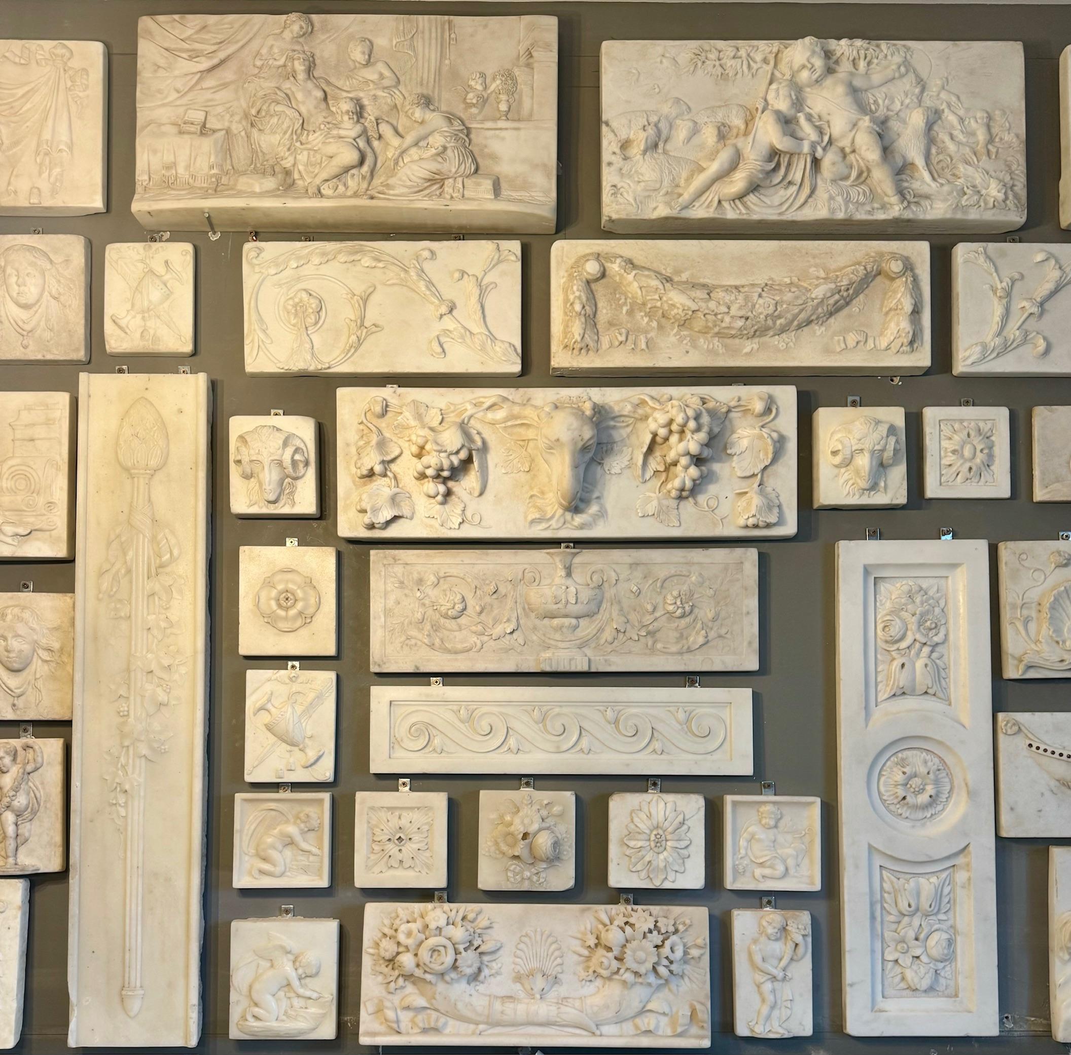 Statuary Marble Antique Statuary Carrara marble mantelpiece tablets/panels, English and Irish. For Sale