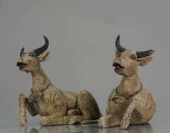 Antique Statue of Temple Cow India / Indonesia Wood Carved Ennamel
