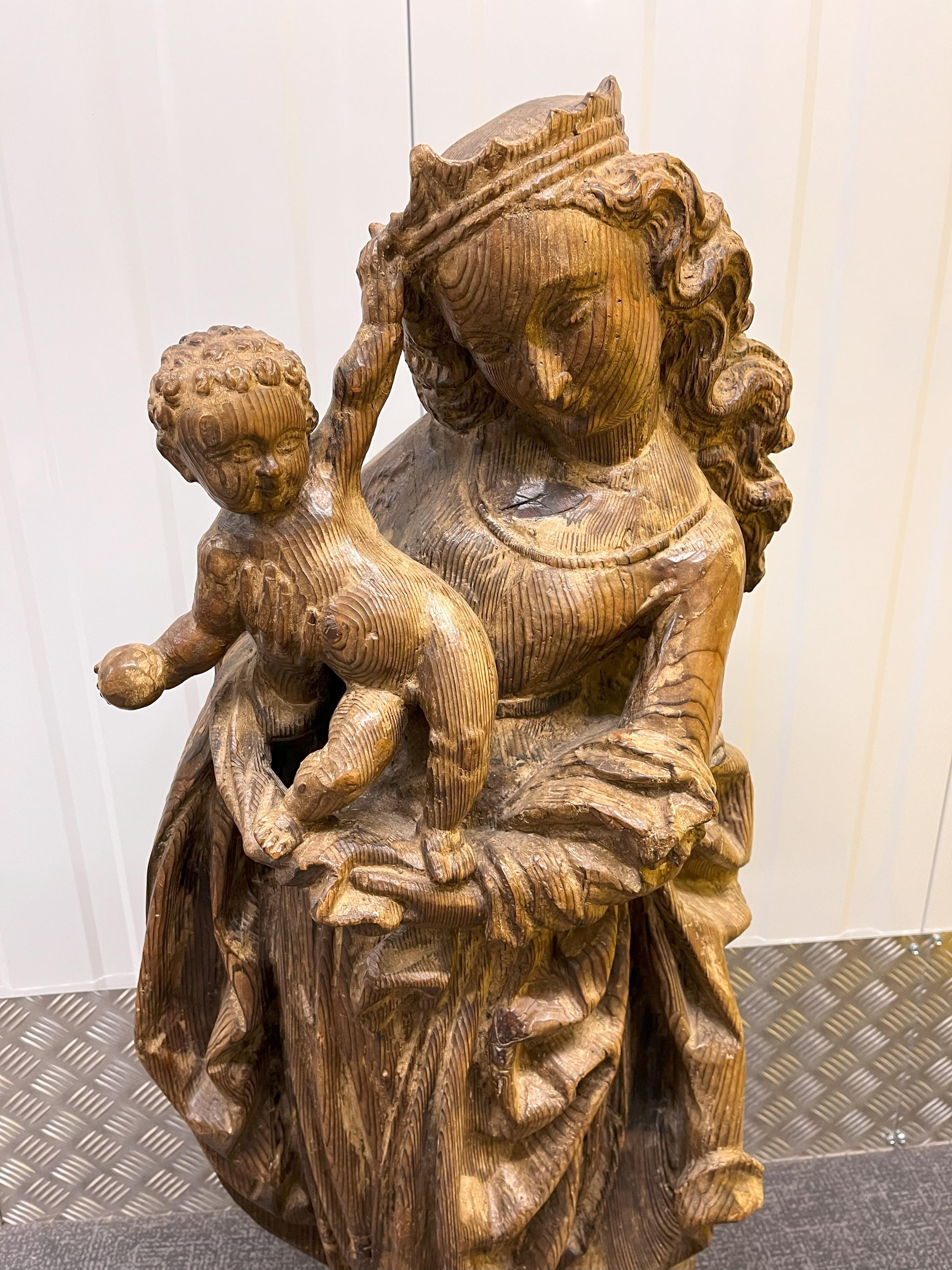 Gothic Antique Statue of Virgin Mary and Child , 19th Century For Sale