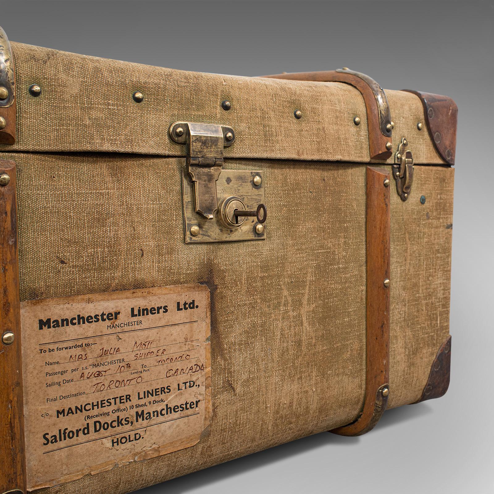 Antique Steamer Trunk, English, Canvas, Leather, Travel Chest, Edwardian 3