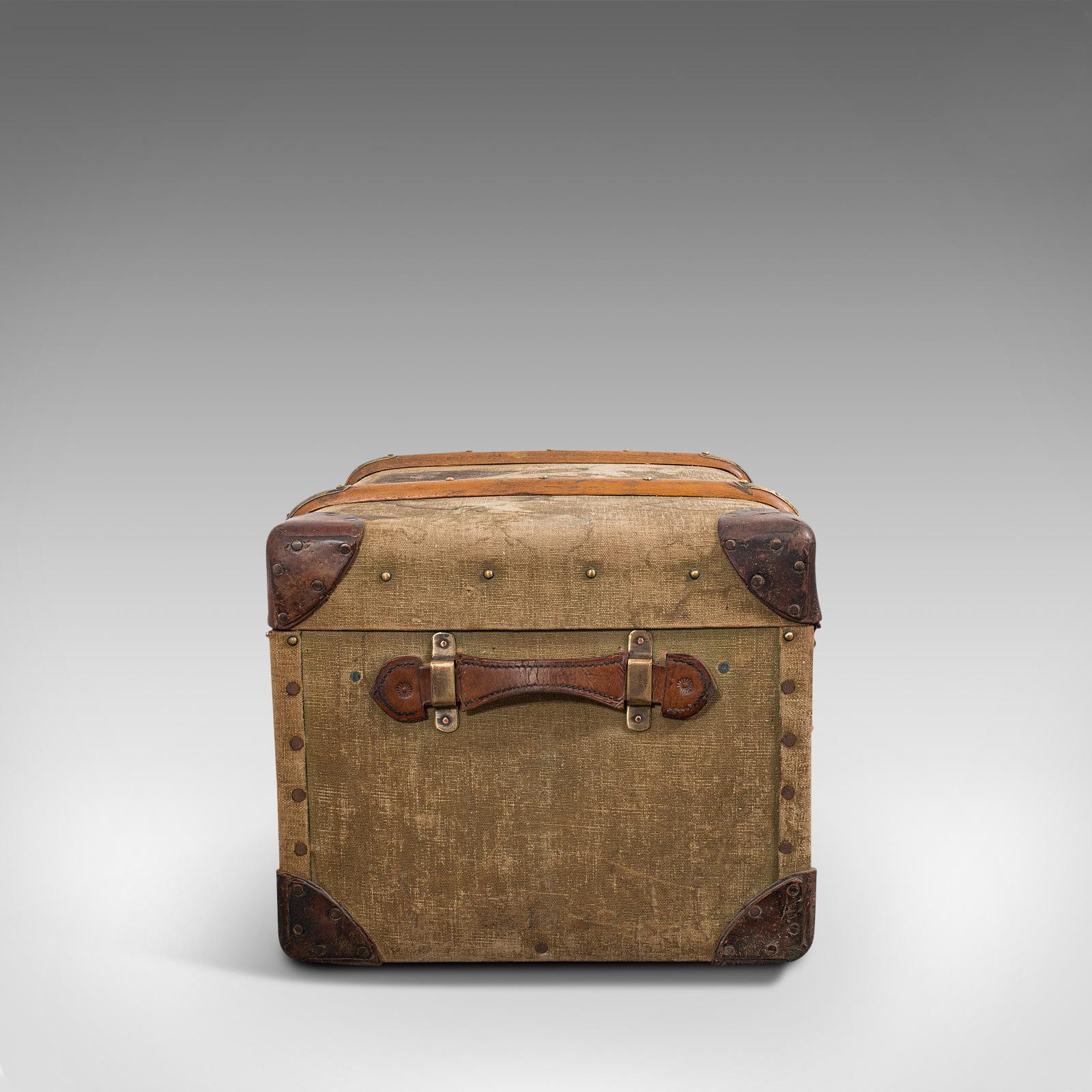 British Antique Steamer Trunk, English, Canvas, Leather, Travel Chest, Edwardian